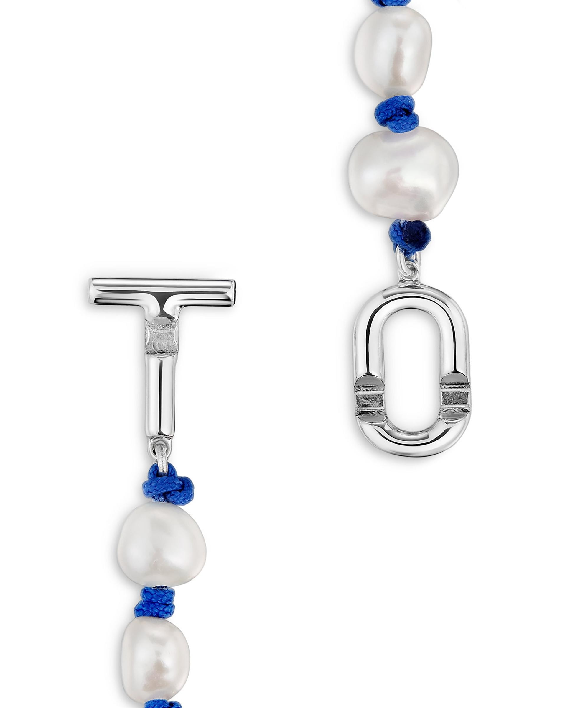 Colar Manifesto de Nylon Azul com Prata e Pérolas Branco-4
