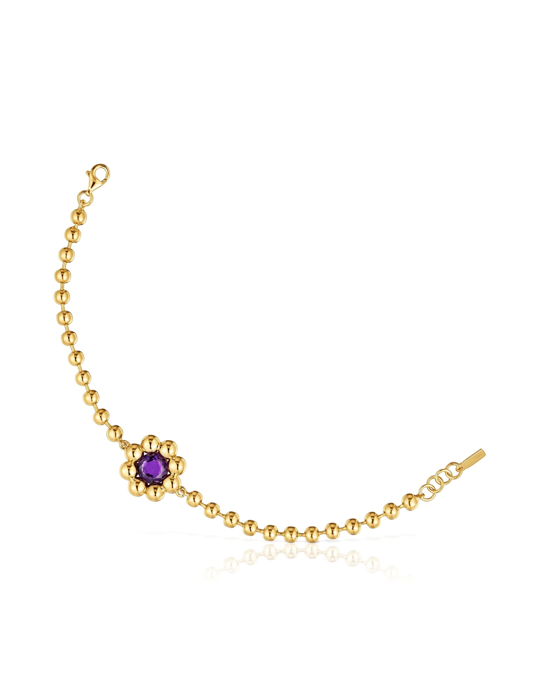 Imagem 0 de Pulseira de Corrente Sugar Party com Flor Dourada em Ouro 18 Kt Sobre Prata e Ametista