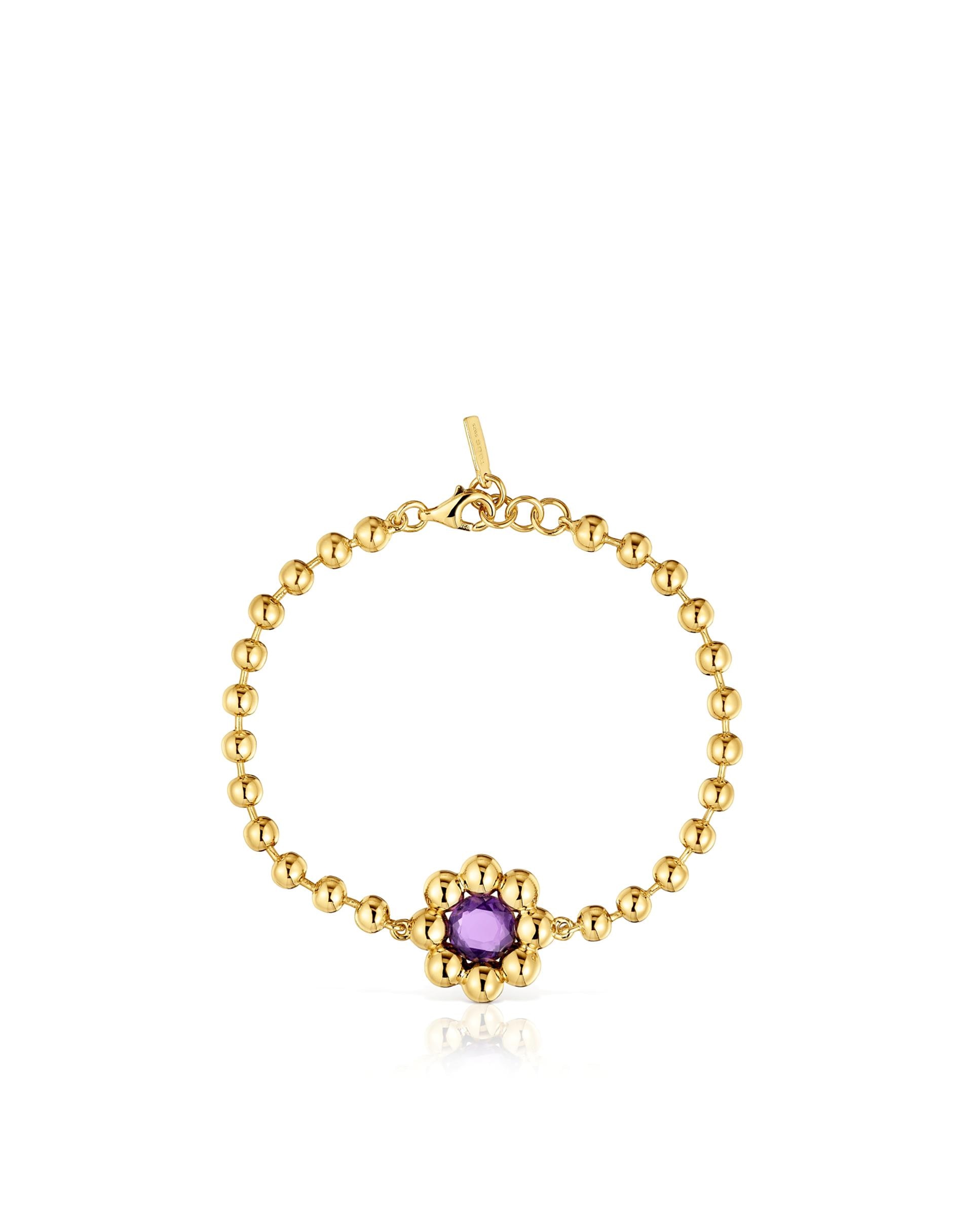 Pulseira de Corrente Sugar Party com Flor Dourada em Ouro 18 Kt Sobre Prata e Ametista Roxo-2