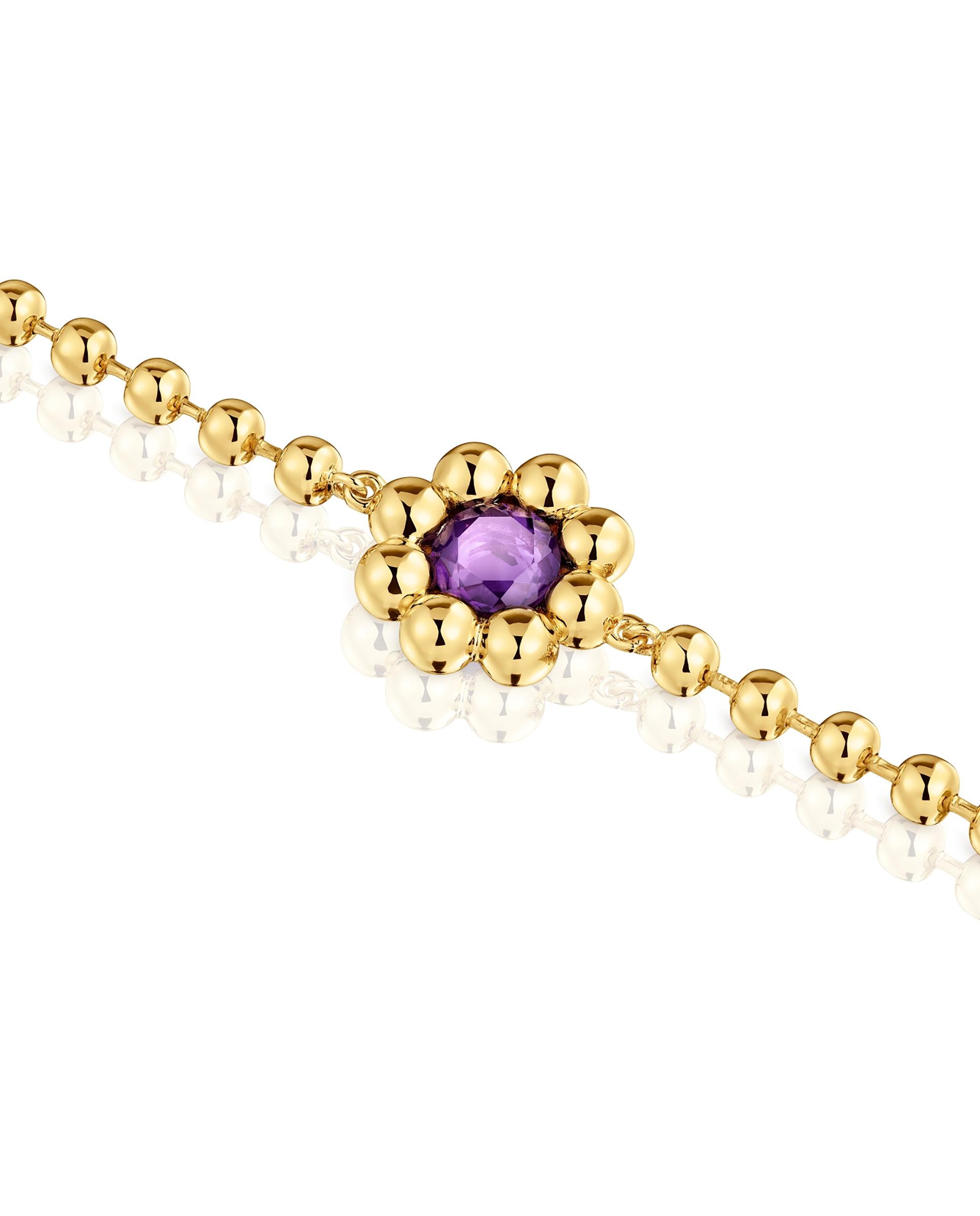 Pulseira de Corrente Sugar Party com Flor Dourada em Ouro 18 Kt Sobre Prata e Ametista Roxo-3