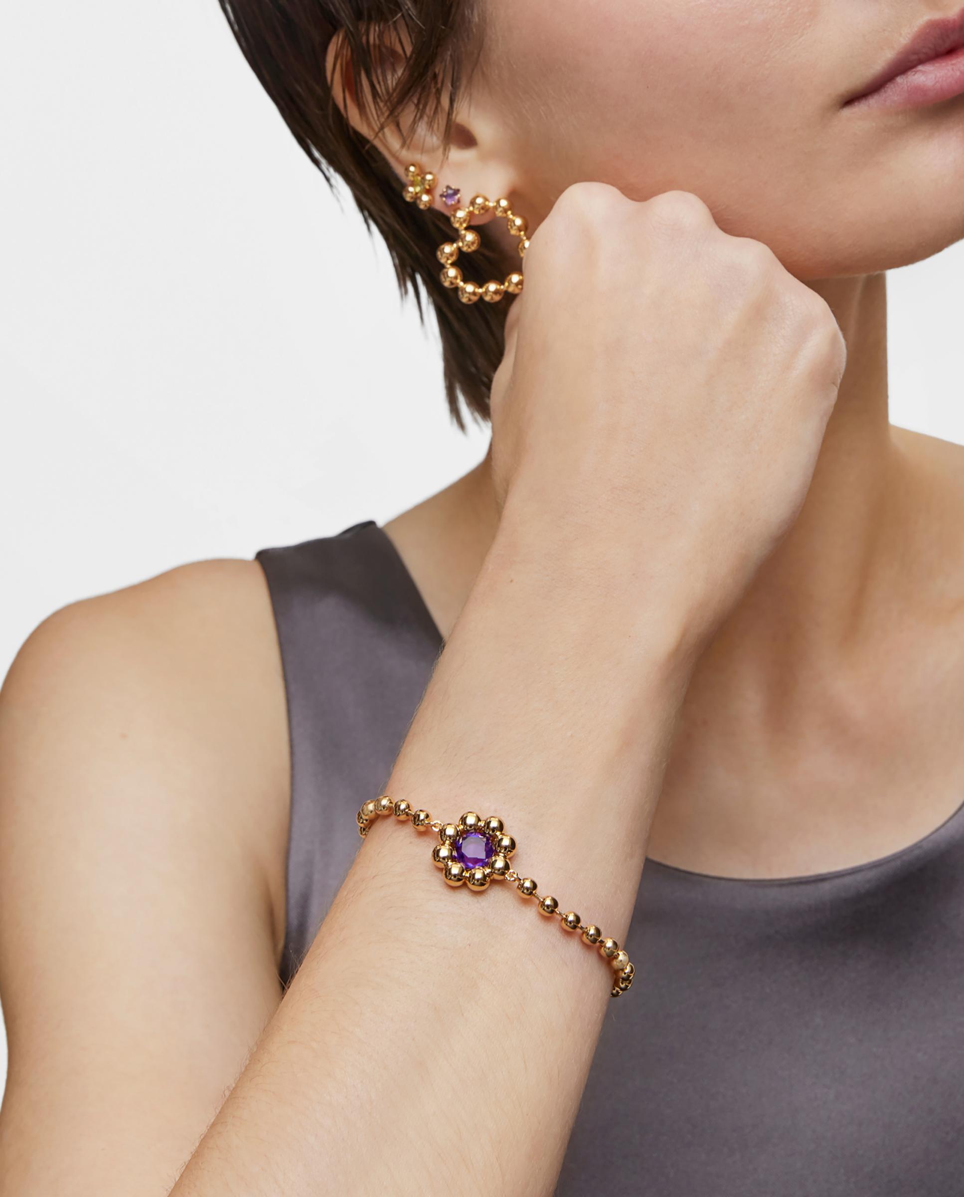 Pulseira de Corrente Sugar Party com Flor Dourada em Ouro 18 Kt Sobre Prata e Ametista Roxo-4