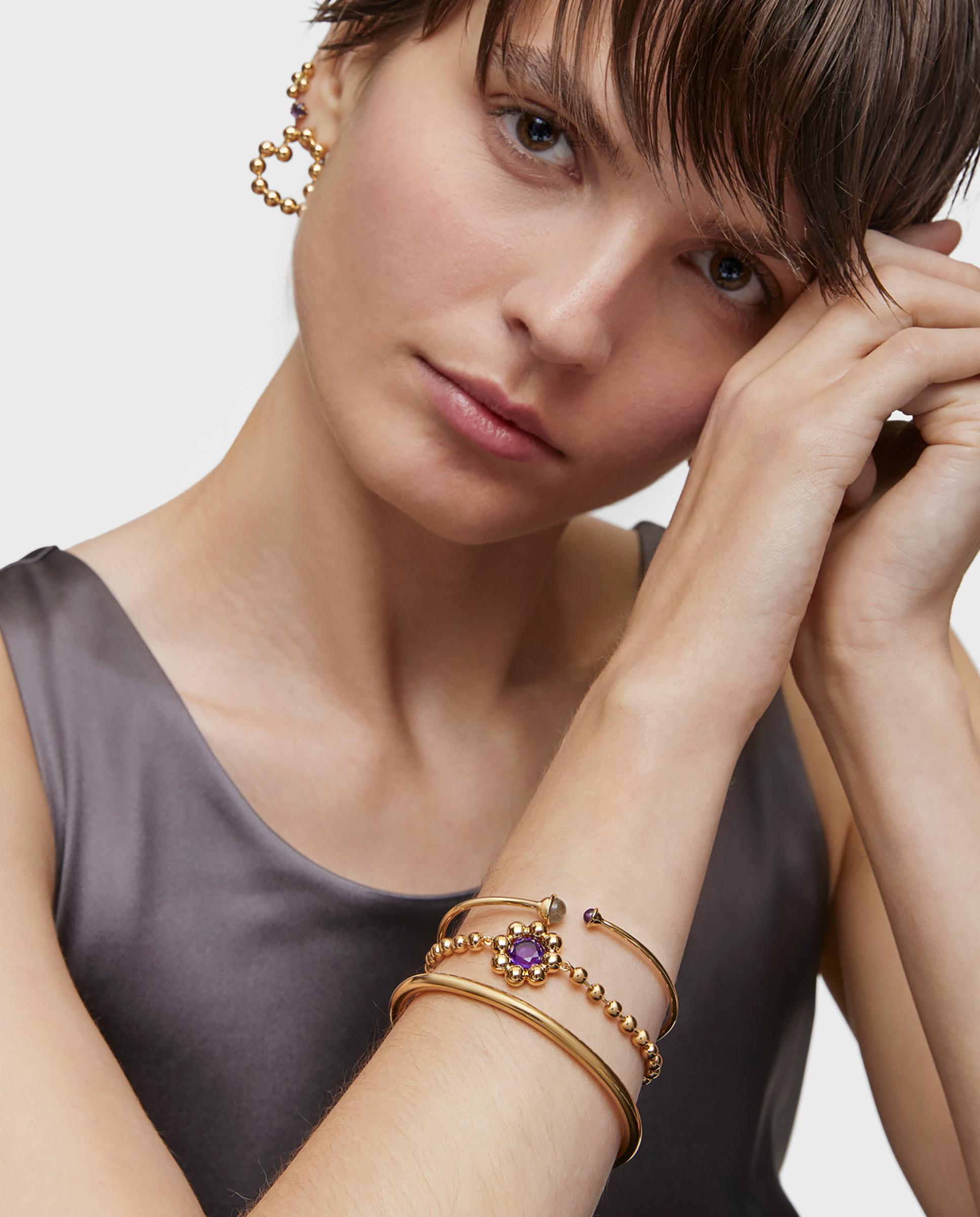 Pulseira de Corrente Sugar Party com Flor Dourada em Ouro 18 Kt Sobre Prata e Ametista Roxo-5