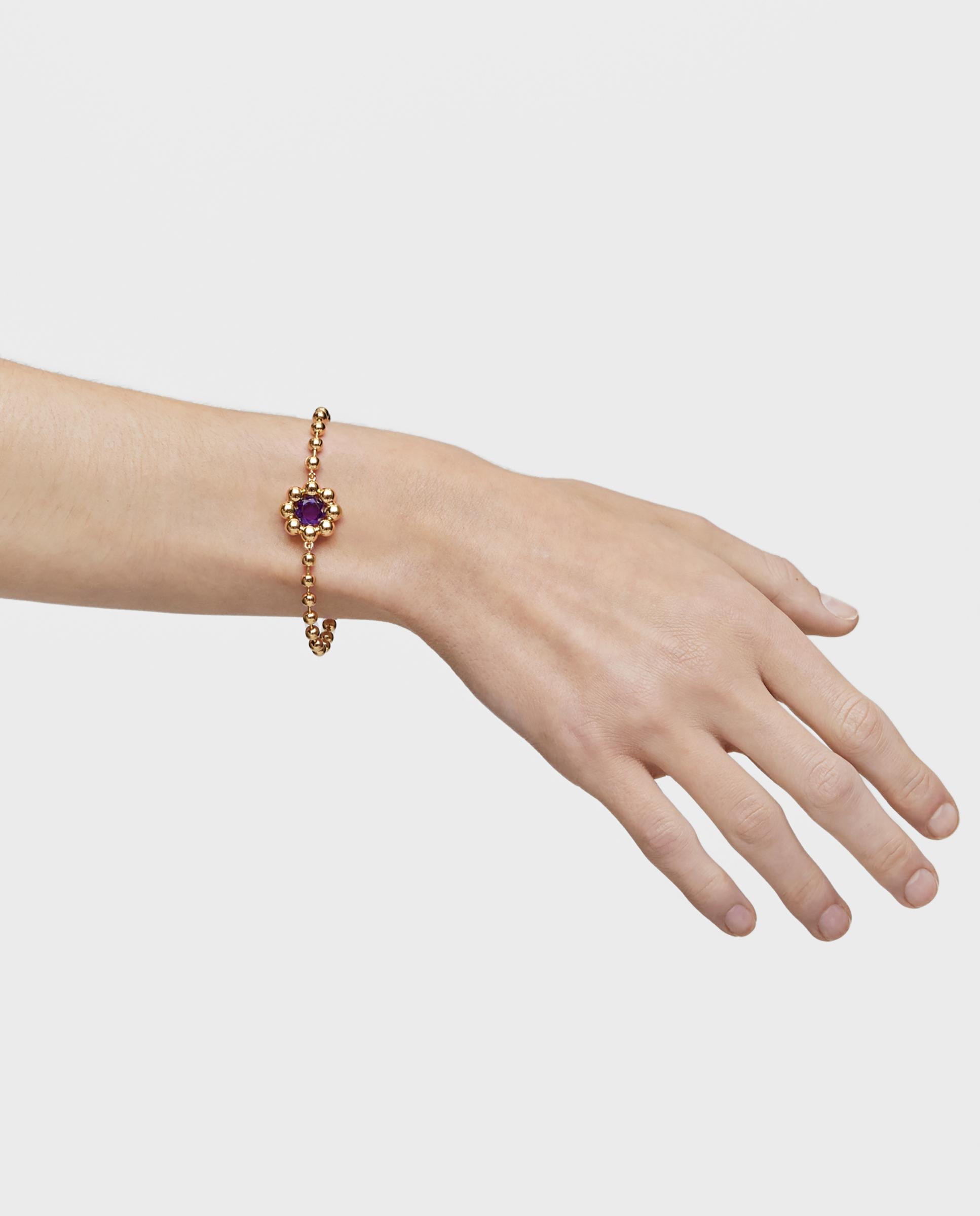 Pulseira de Corrente Sugar Party com Flor Dourada em Ouro 18 Kt Sobre Prata e Ametista Roxo-6