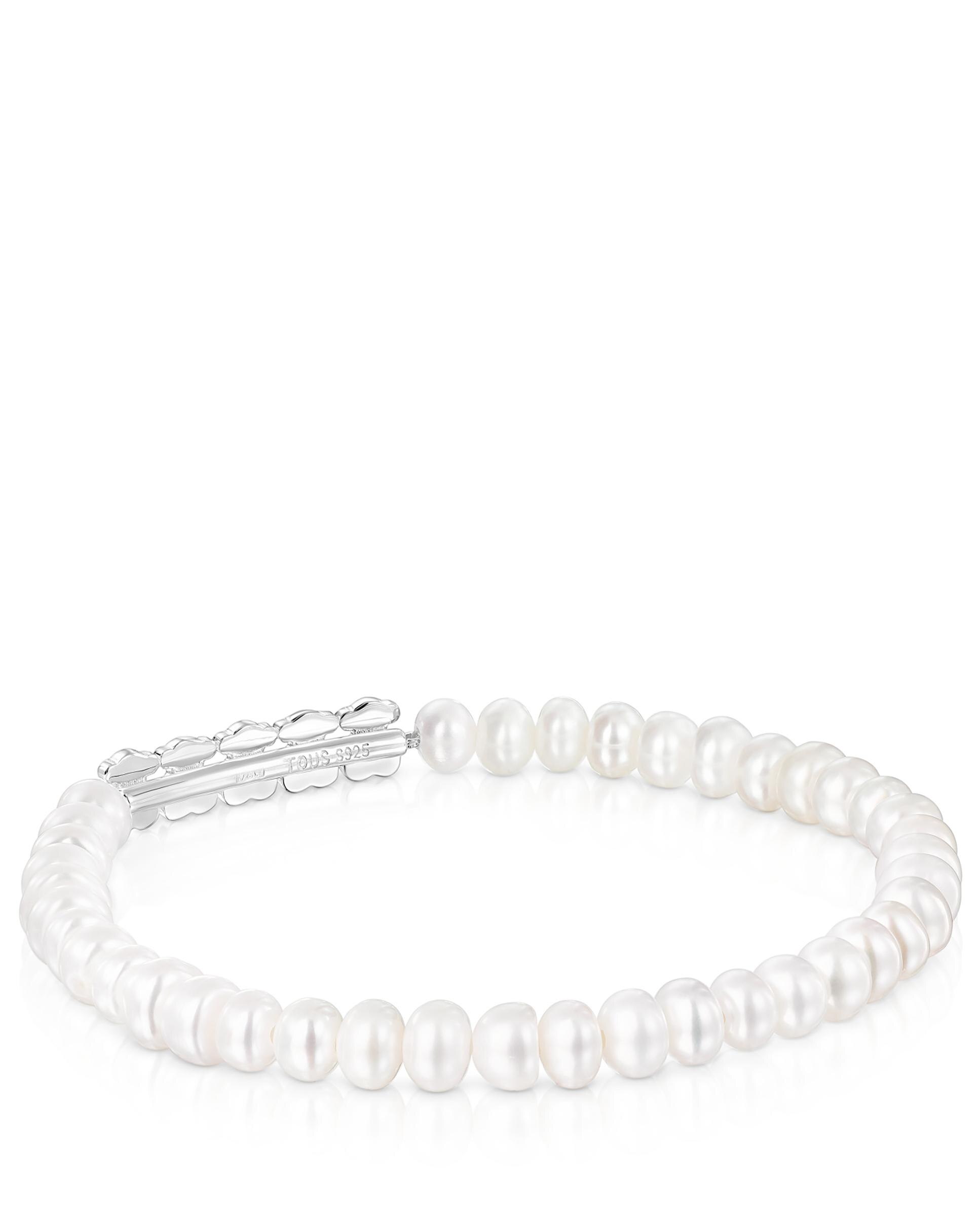 Pulseira Straight de Prata e Pérolas Branco-3