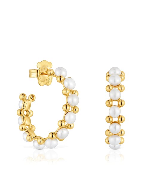 Imagem 0 de Brincos Gloss de Argola Tripla Banhados a Ouro de 18 Kt Sobre Prata e Pérolas