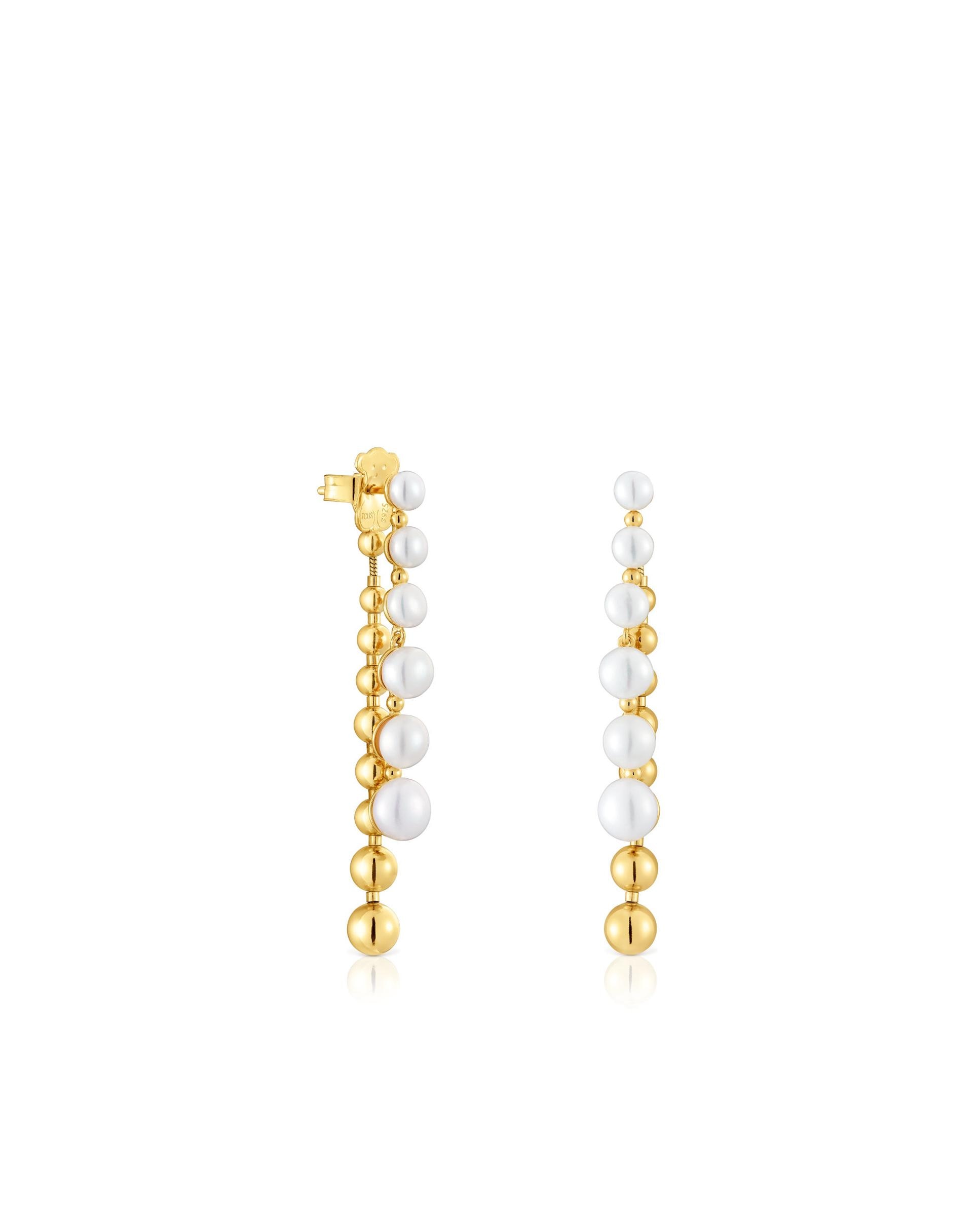 Imagem 0 de Brincos Gloss Compridos Duplos Banhados a Ouro de 18 Kt em Prata e Pérolas