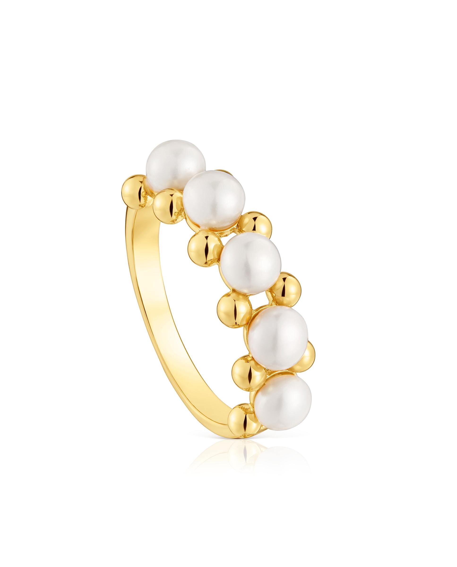 Anel Gloss Médio Banhado em Ouro de 18 Kt Sobre Prata e Pérolas Branco-1