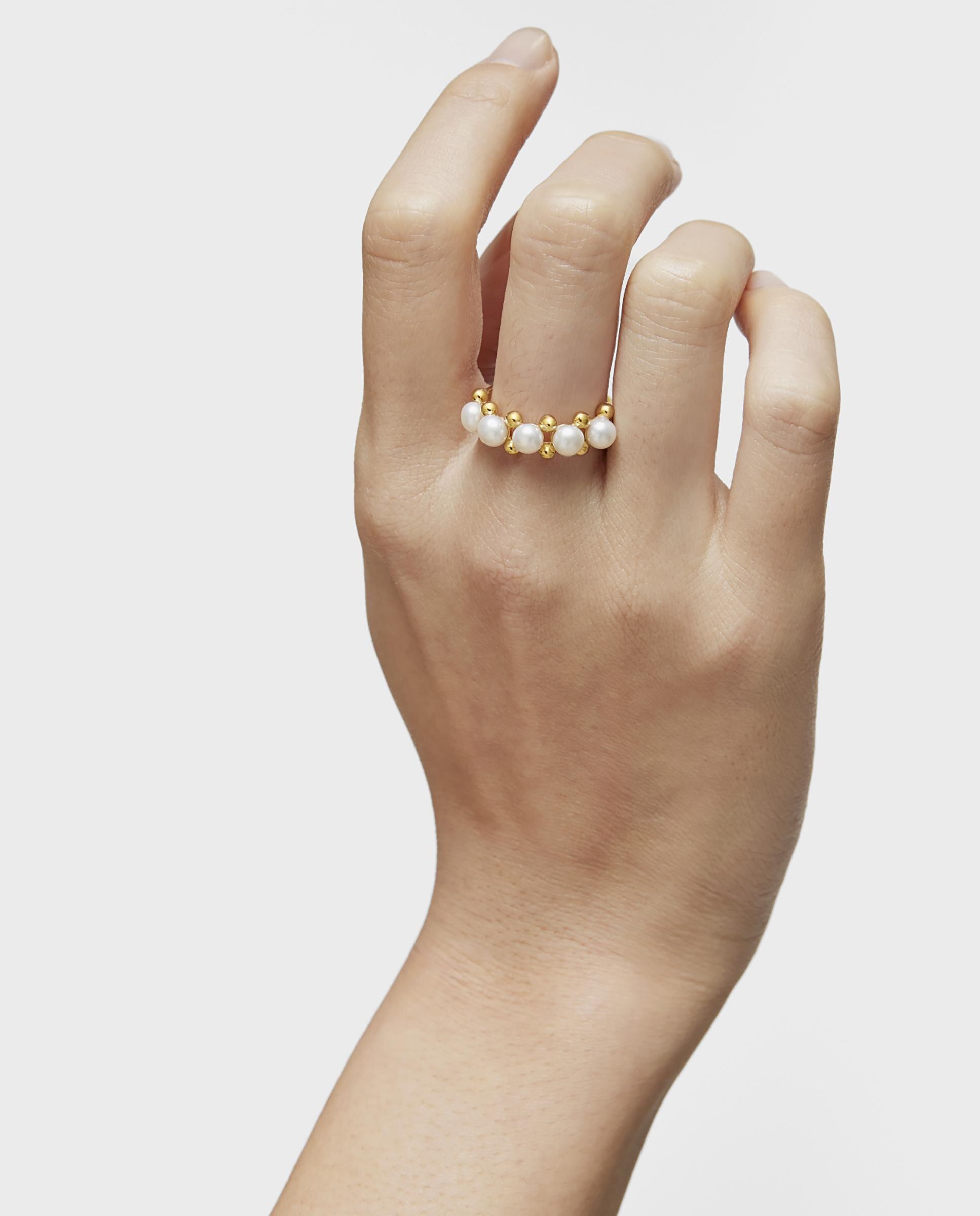 Anel Gloss Médio Banhado em Ouro de 18 Kt Sobre Prata e Pérolas Branco-5