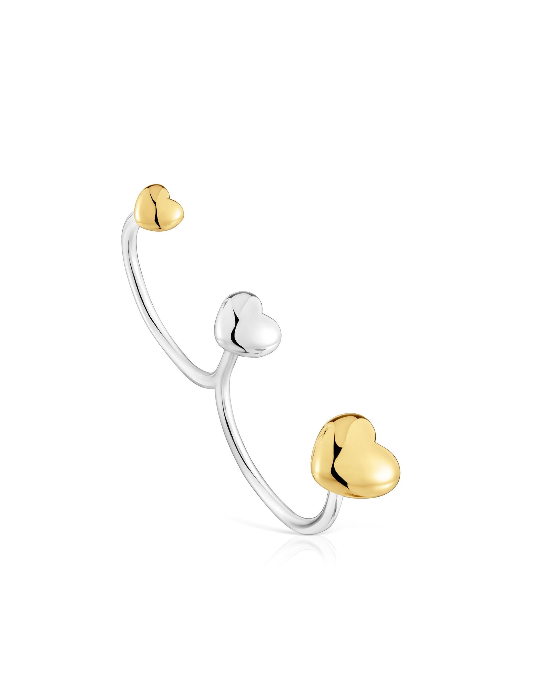 Anel de Prata e Banhado em Ouro 18 Kt Sobre Prata My Other Half Aberto com Corações Multicolor-1