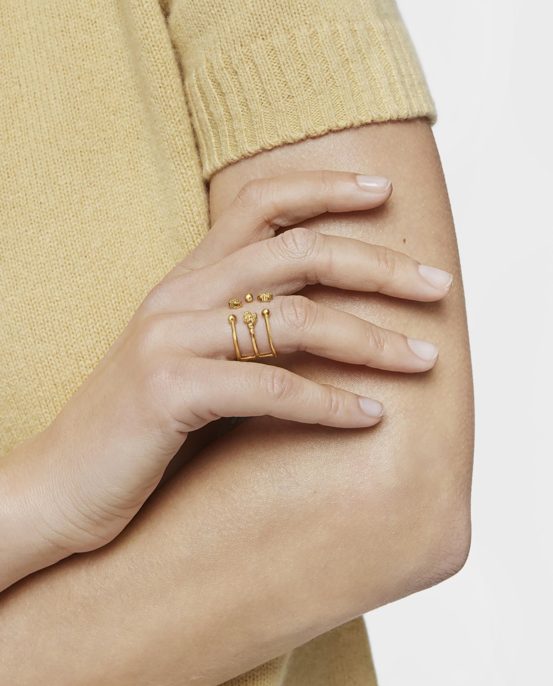 Anel Banhado a Ouro de 18 Kt Sobre Prata Grain Grande Dourado-3
