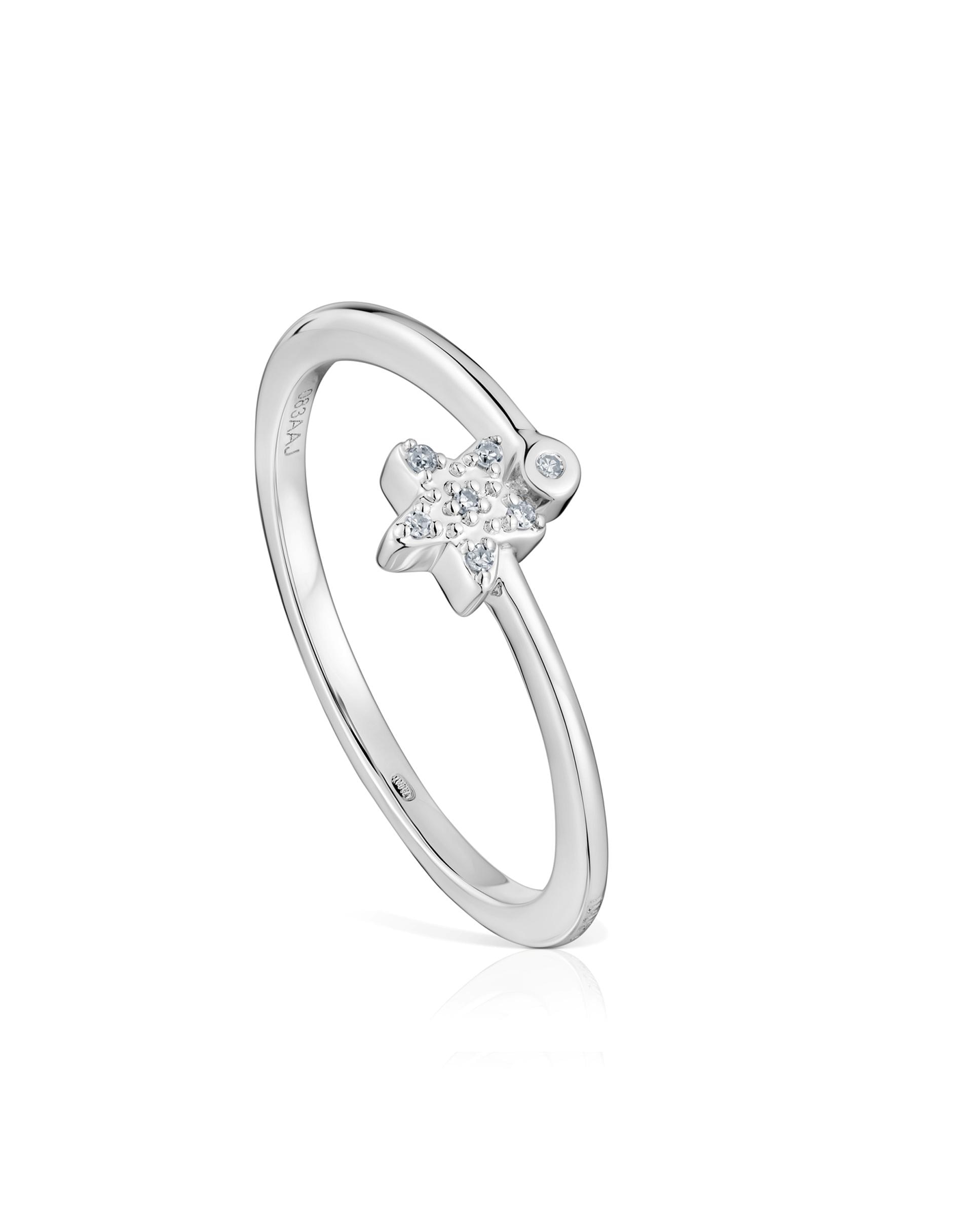 Anel Grain pequeno estrela em ouro branco com diamantes Branco-1