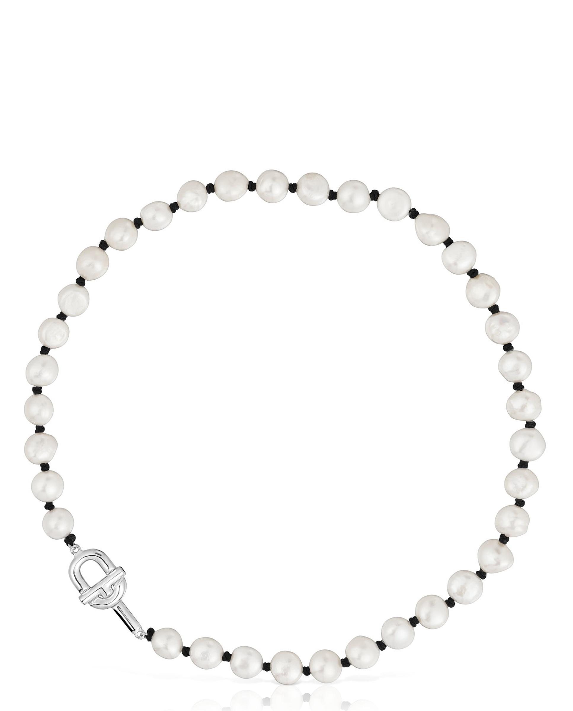 Colar Manifesto de Nylon em Preto com Pérolas Branco-1