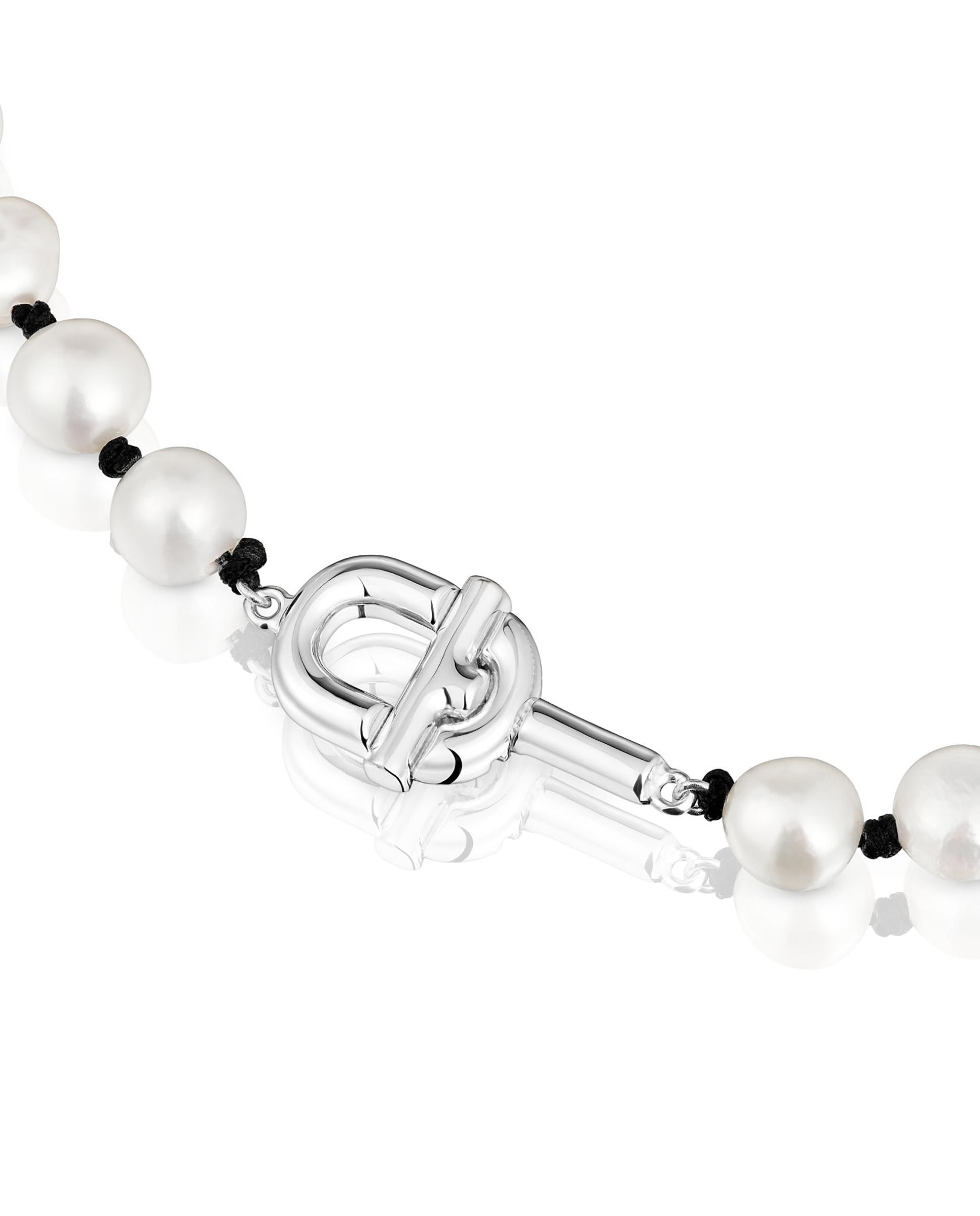 Colar Manifesto de Nylon em Preto com Pérolas Branco-2