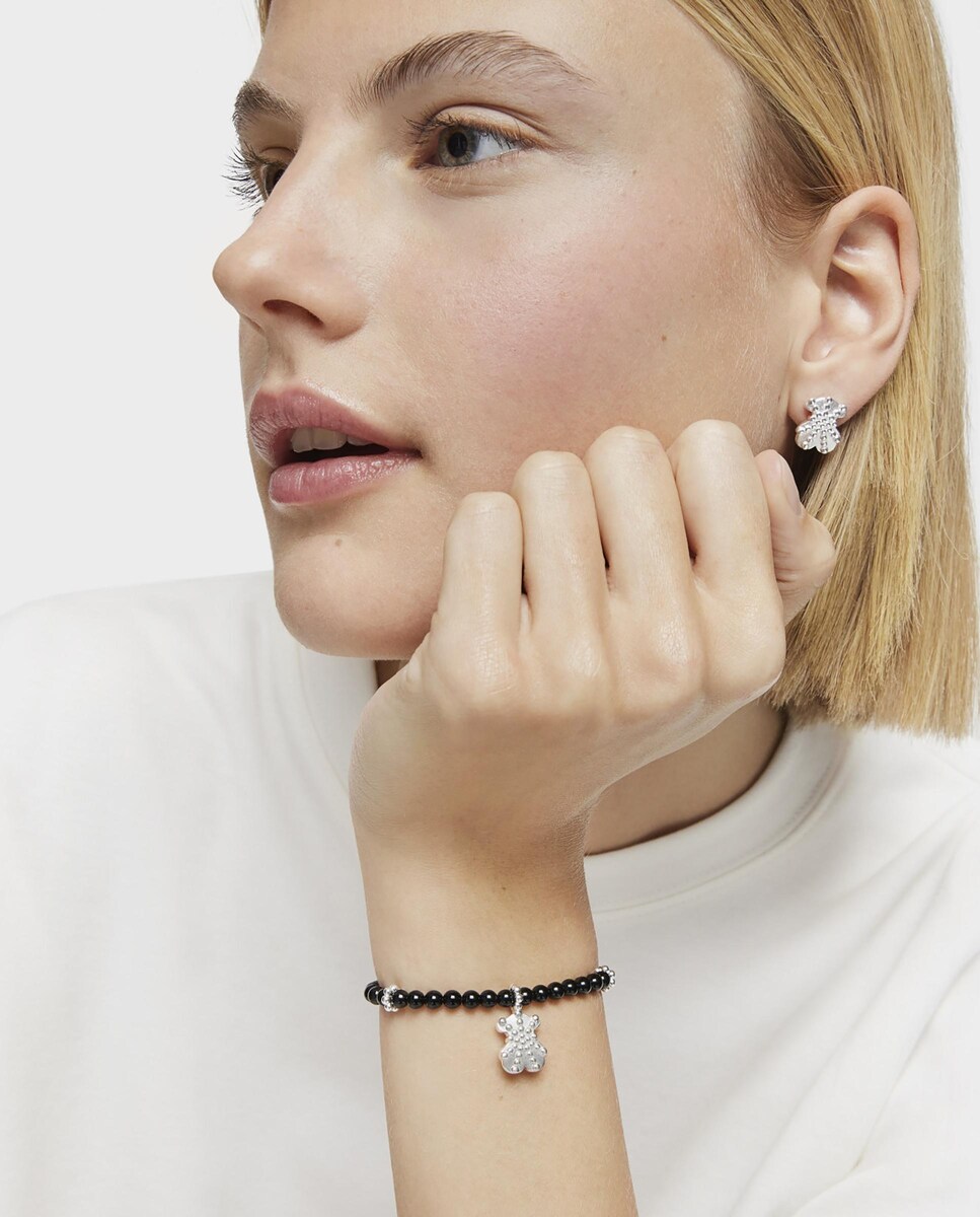 Pulseira Elástica Grain de Prata com Ónix e Urso Preto-4