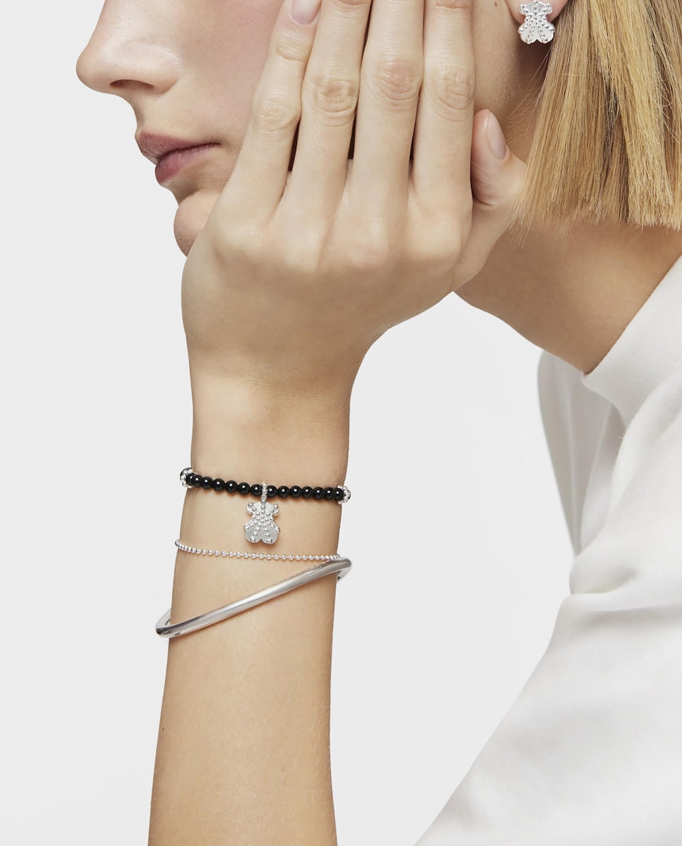 Pulseira Elástica Grain de Prata com Ónix e Urso Preto-5