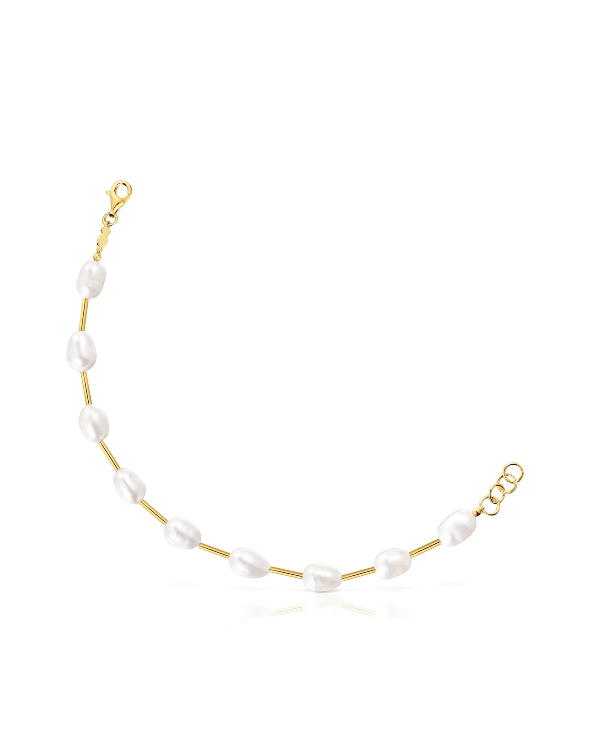 Pulseira de Corrente Gloss Tubo Banhada a Ouro de 18 Kt Sobre Prata e Pérolas Branco-1