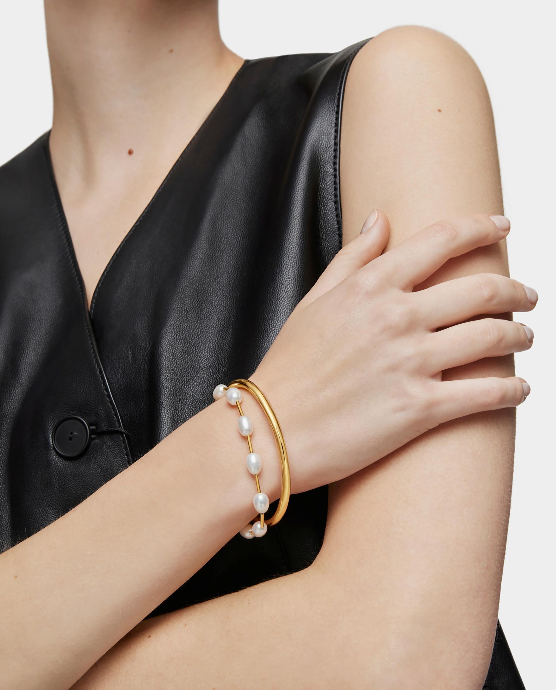 Pulseira de Corrente Gloss Tubo Banhada a Ouro de 18 Kt Sobre Prata e Pérolas Branco-3