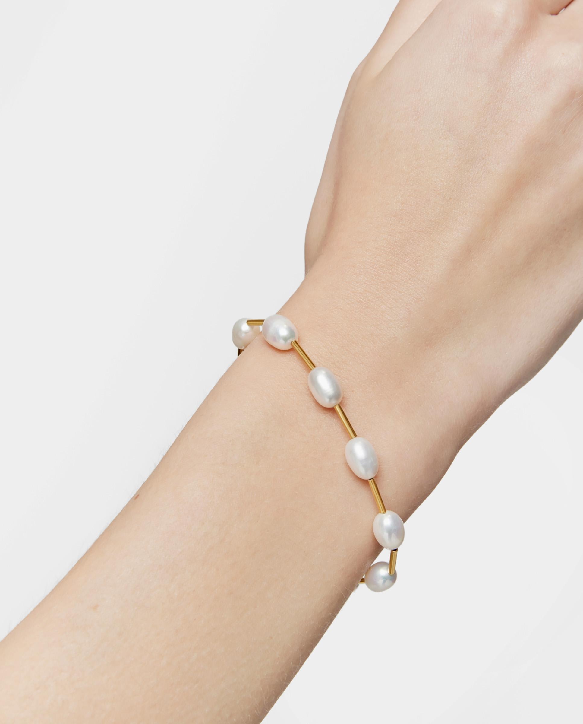 Pulseira de Corrente Gloss Tubo Banhada a Ouro de 18 Kt Sobre Prata e Pérolas Branco-4