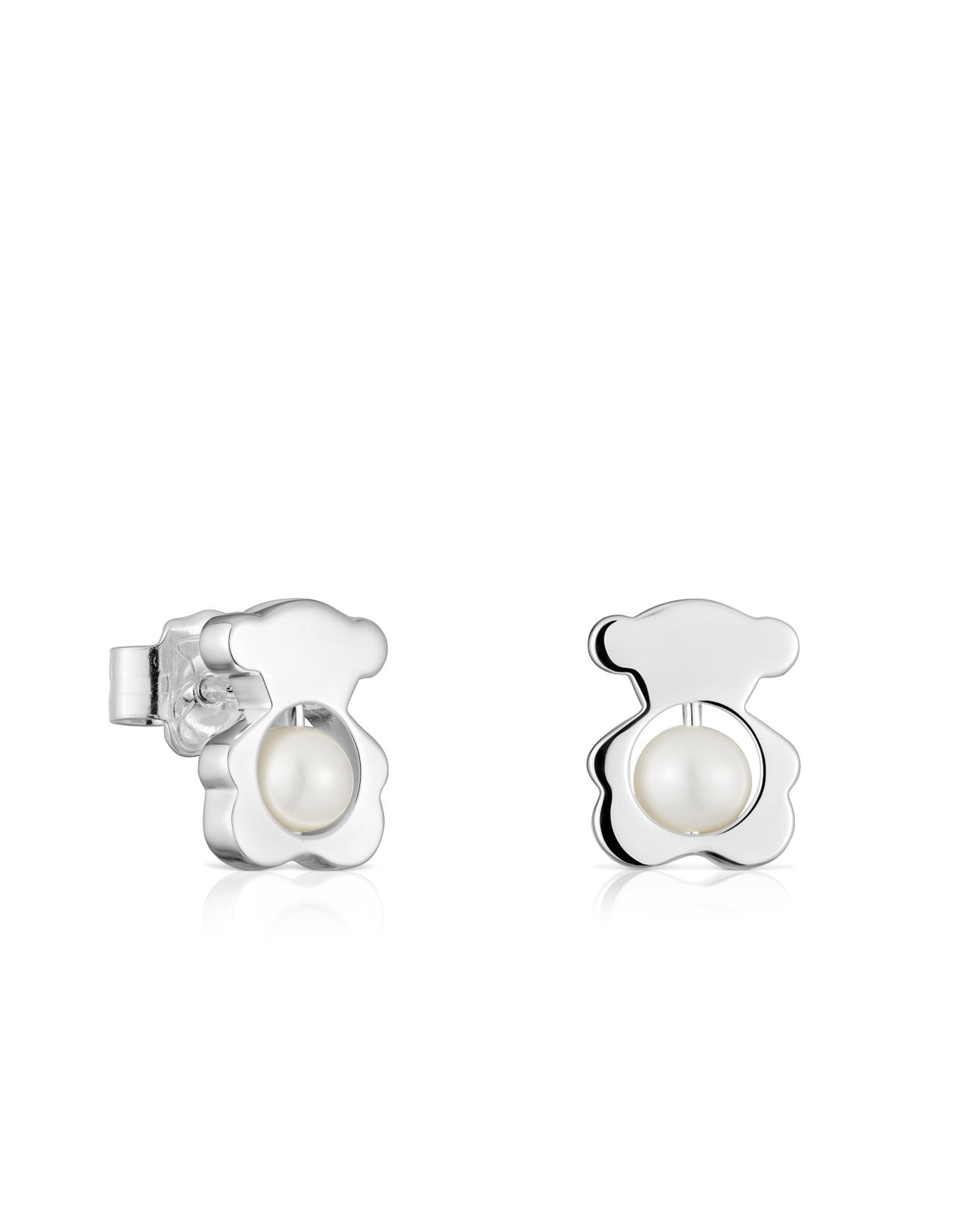 Brincos I-bear de Urso de Prata com Pérolas Médias Branco-1