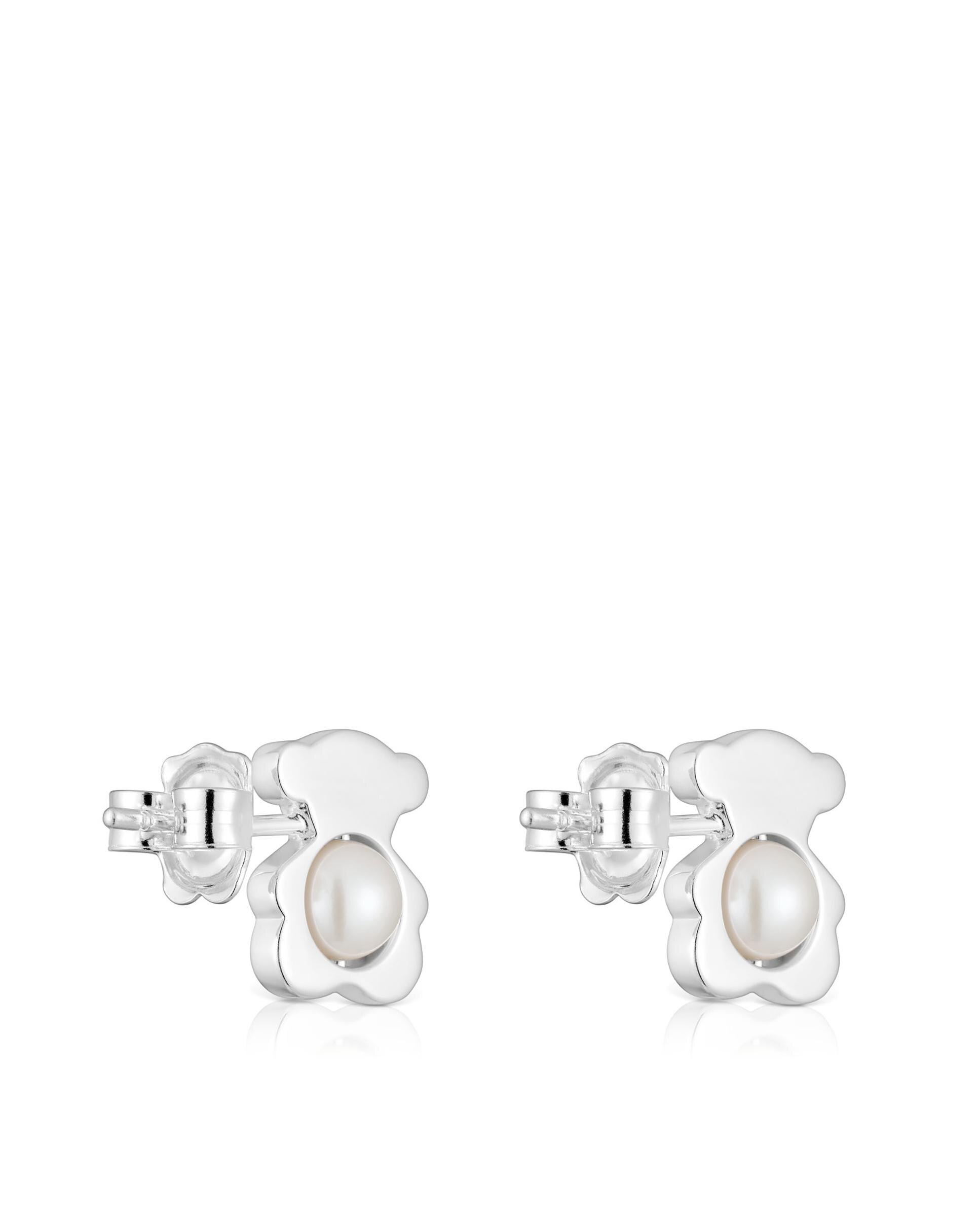 Brincos I-bear de Urso de Prata com Pérolas Grandes Branco-3