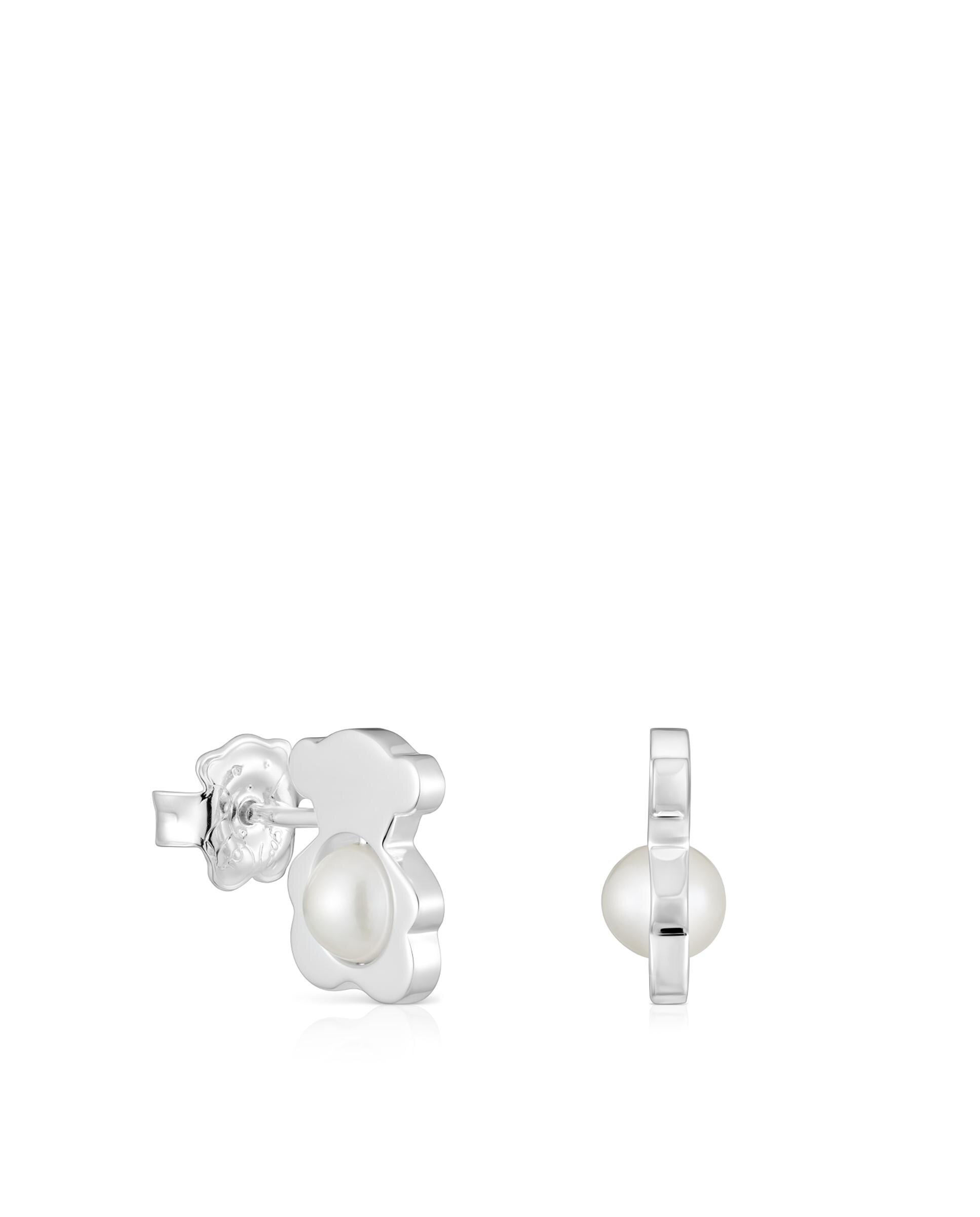 Brincos I-bear de Urso de Prata com Pérolas Grandes Branco-4