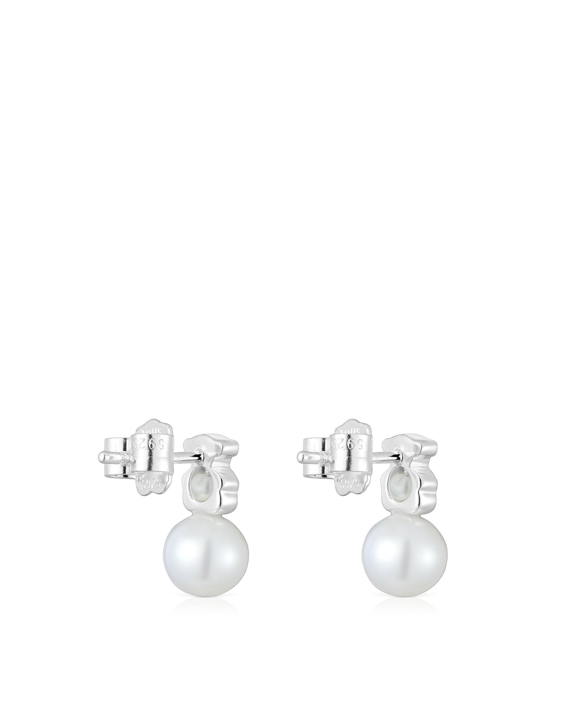 Brincos I-bear de Urso de Prata com Pérolas Branco-3