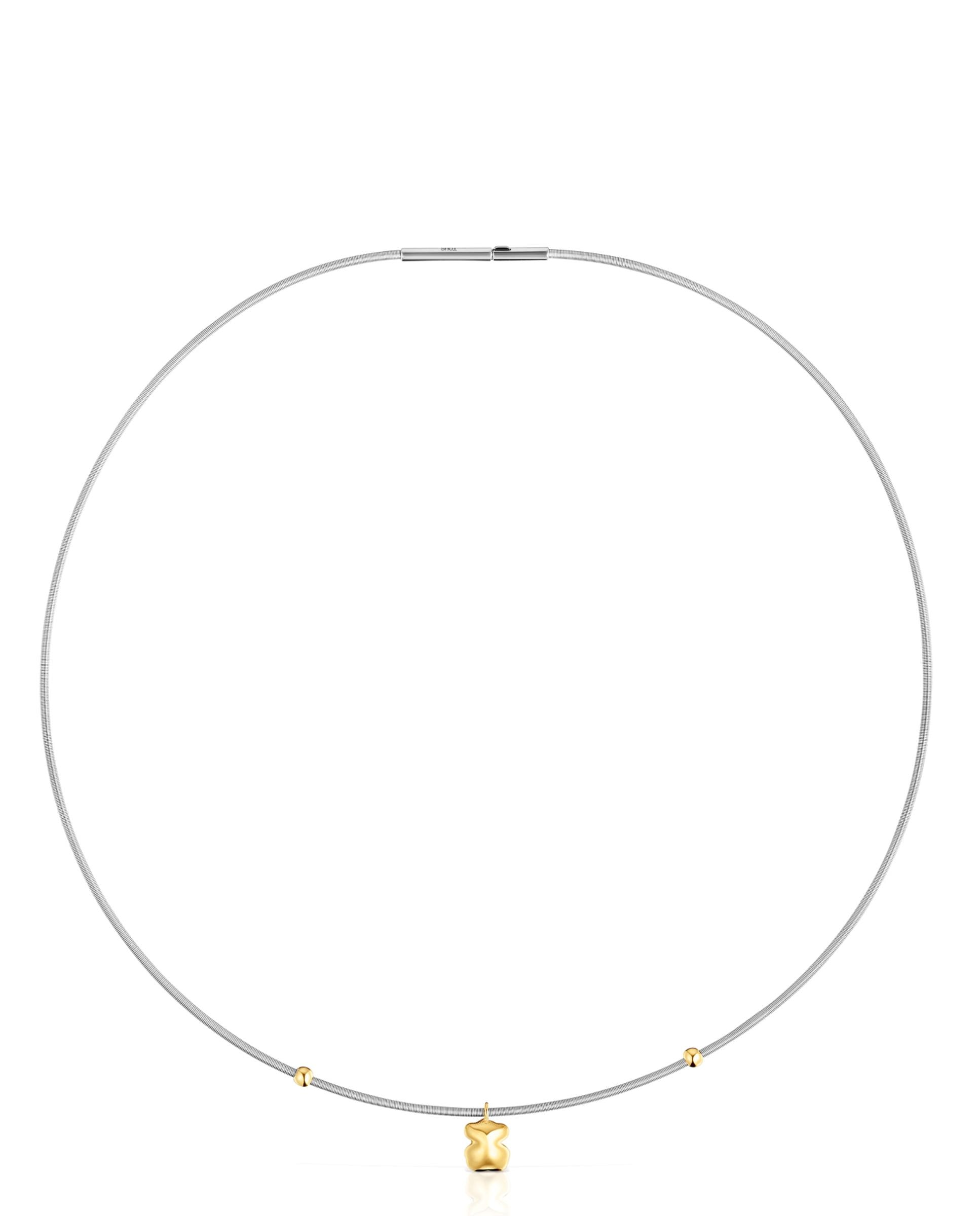 Colar Mesh Tube Curto de Ouro e Aço com Urso Dourado-1