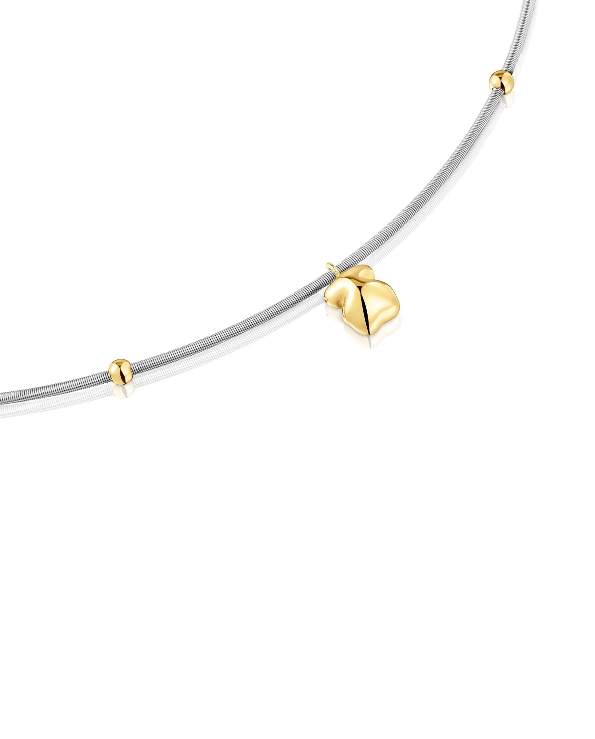 Colar Mesh Tube Curto de Ouro e Aço com Urso Dourado-2