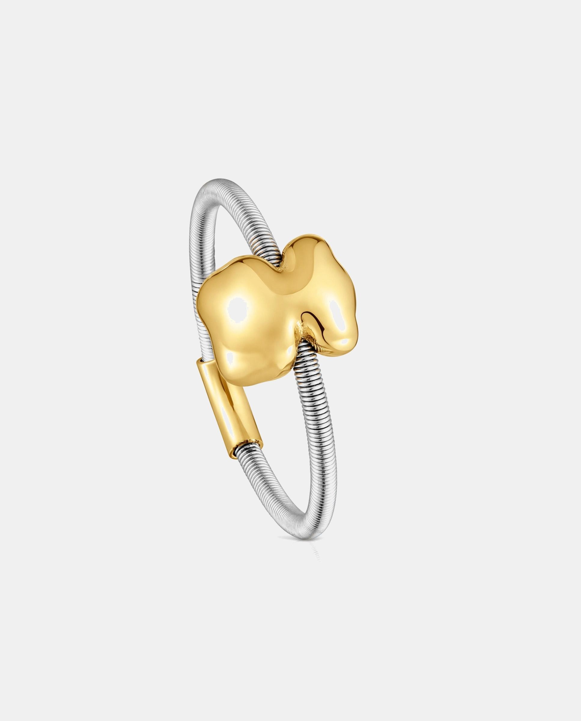 Anel Mesh Tube com Urso Pequeno de Ouro e Aço Bicolor-1