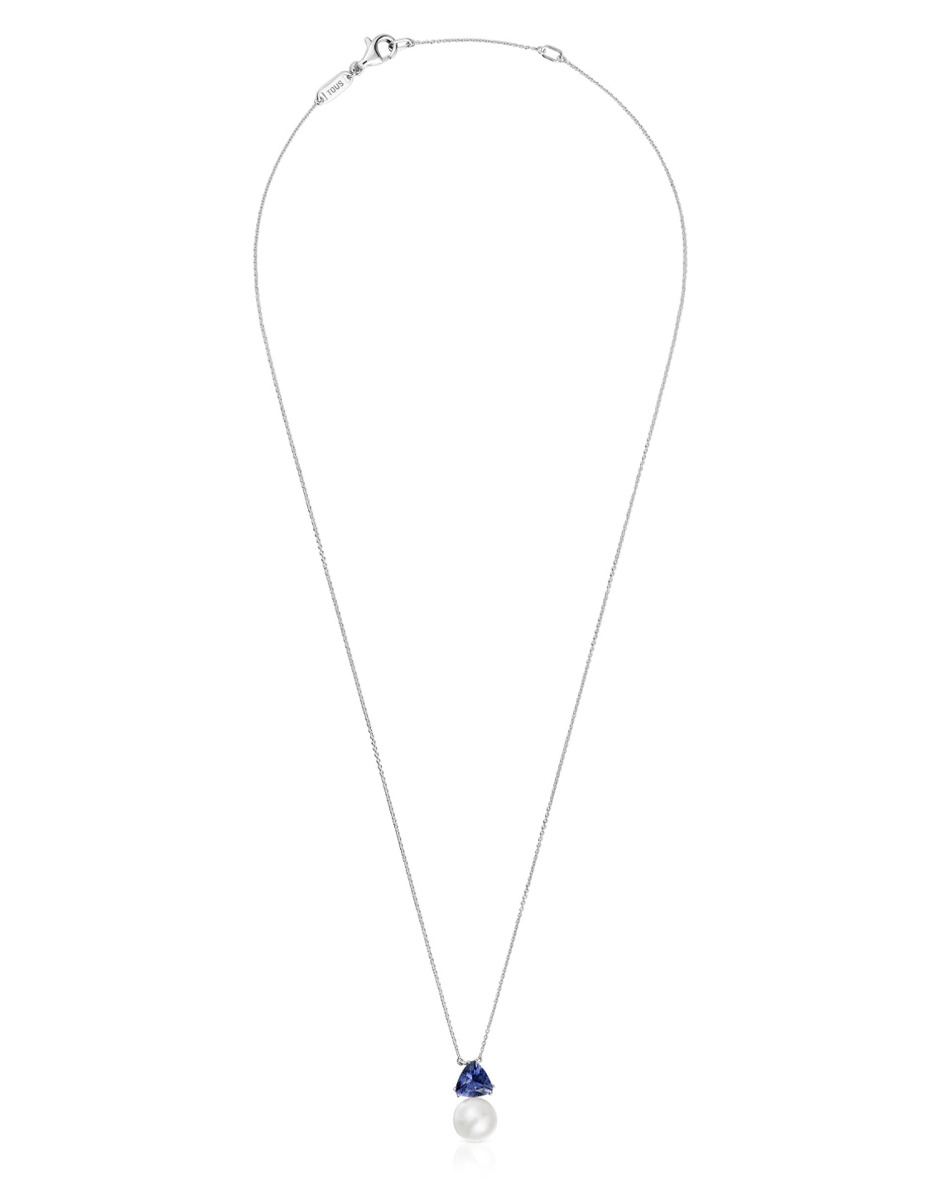 Colar Ivette Curto de Ouro Branco com Iolita e Pérola Azul-1