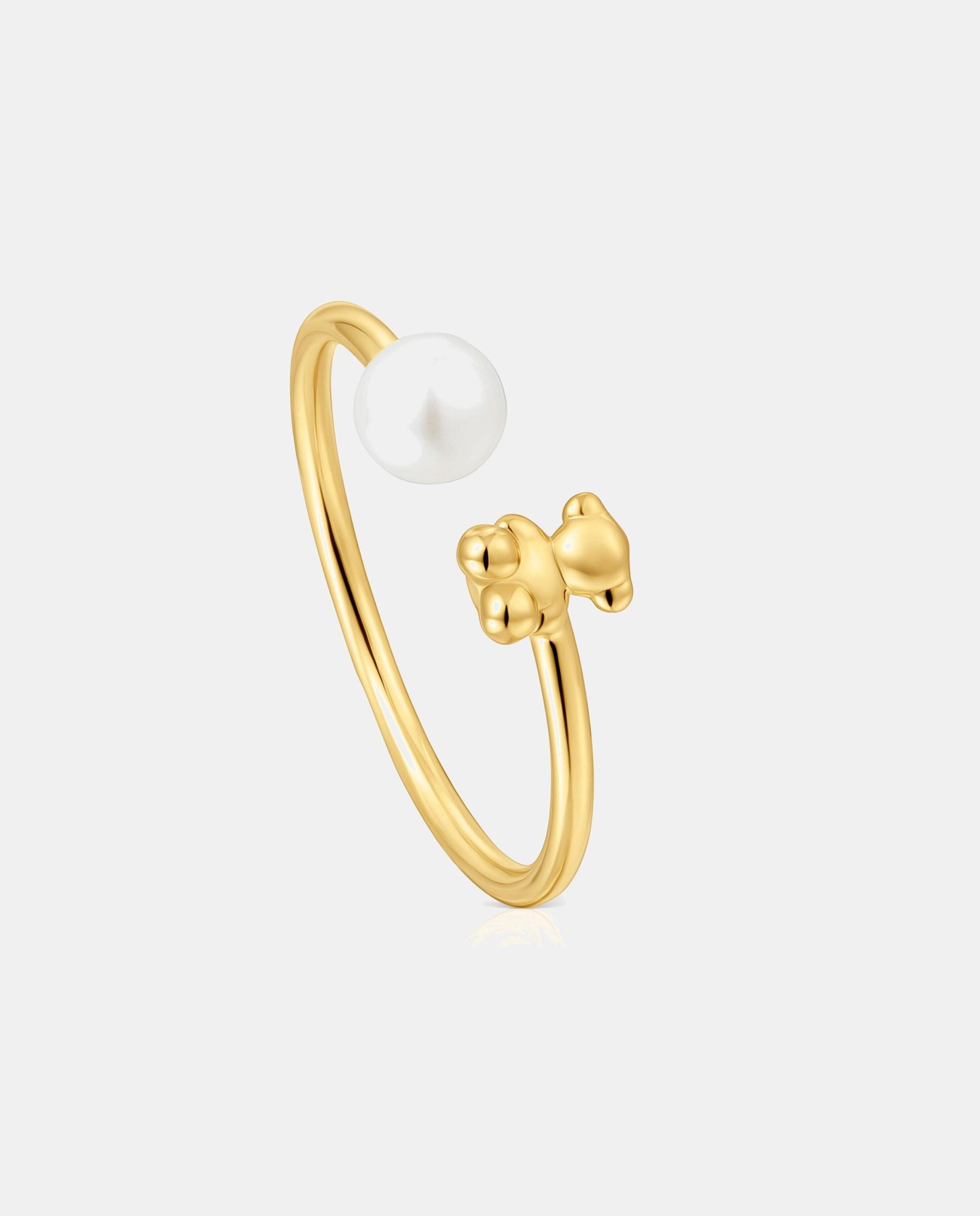 Anel Aberto Urso de Ouro e Pérola Cultivada Bold Bear Branco-3