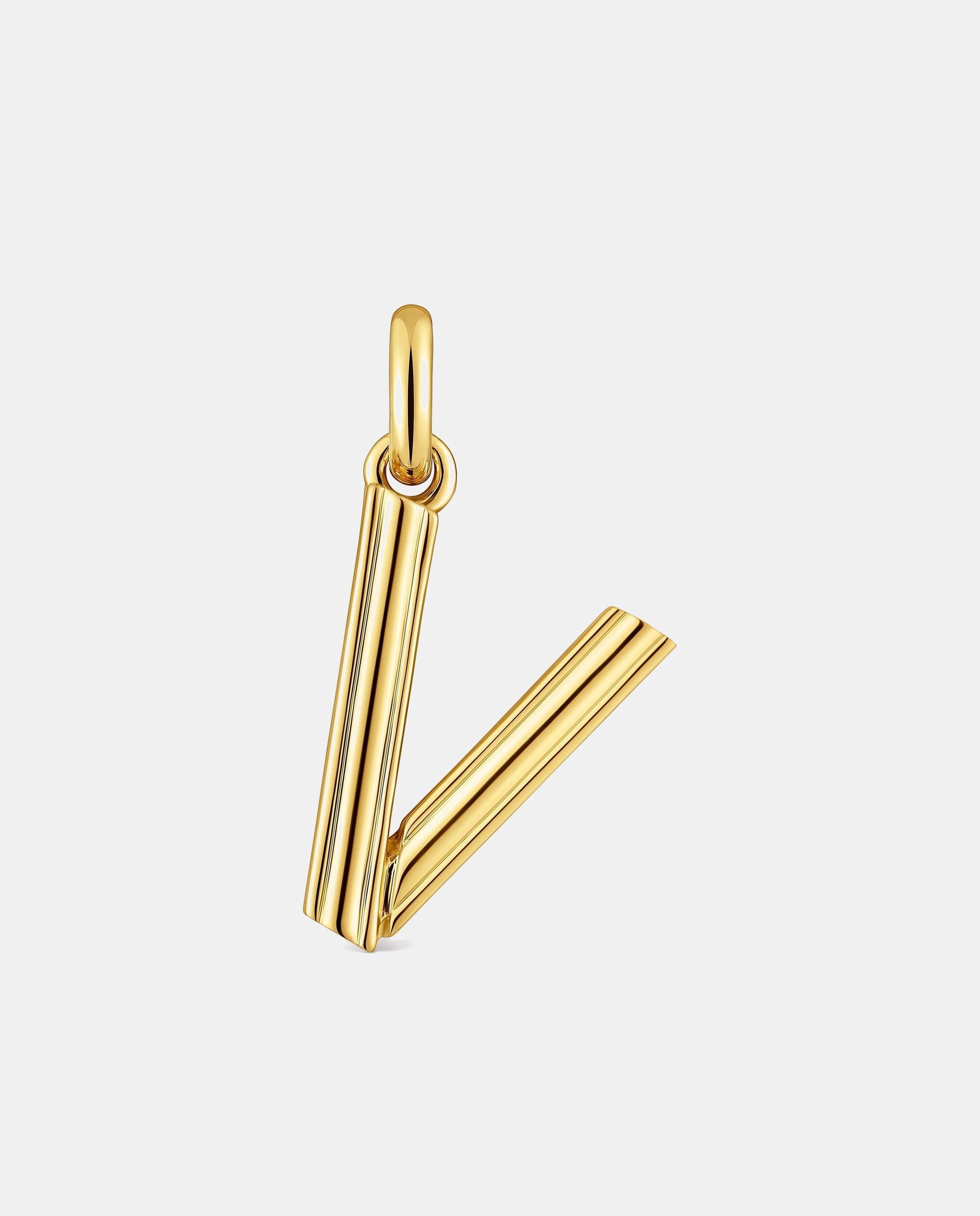Pendente Alphabet Médio Letra V Banhado a Ouro 18 Kt Sobre Prata Dourado-1