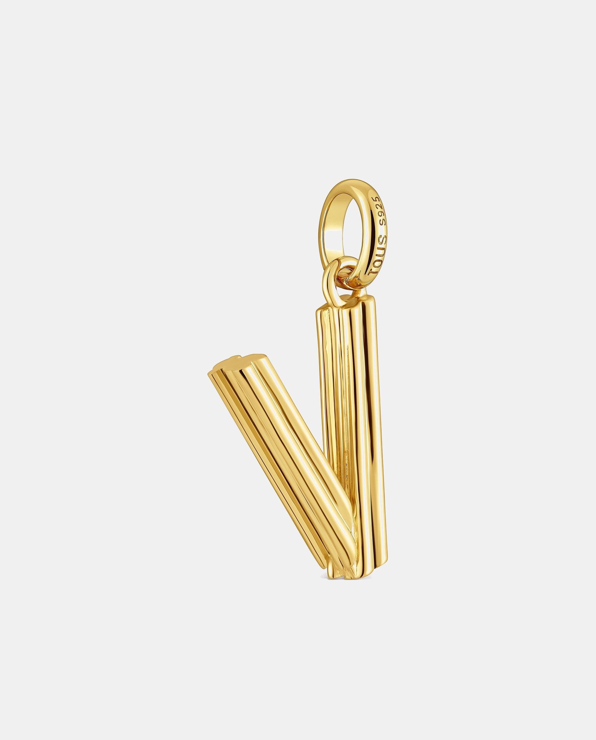 Pendente Alphabet Médio Letra V Banhado a Ouro 18 Kt Sobre Prata Dourado-3