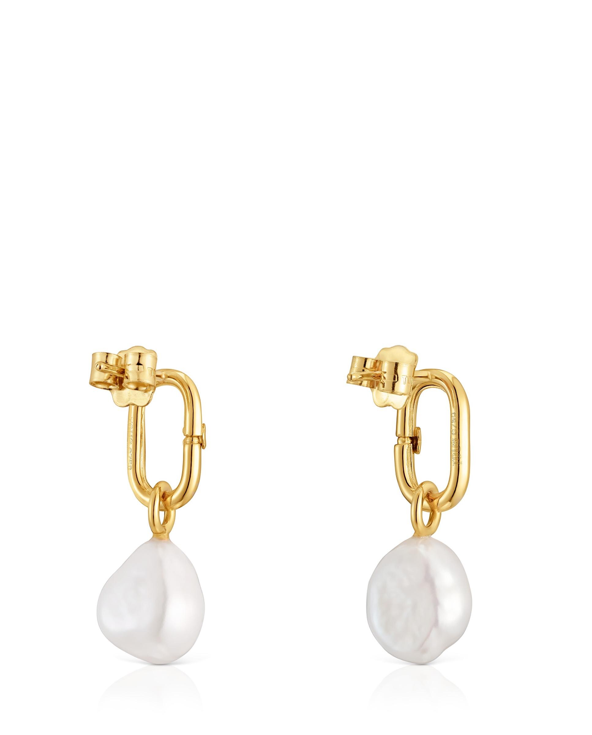 Brincos Hold Oval Curtos de Ouro e Pérolas Branco-3