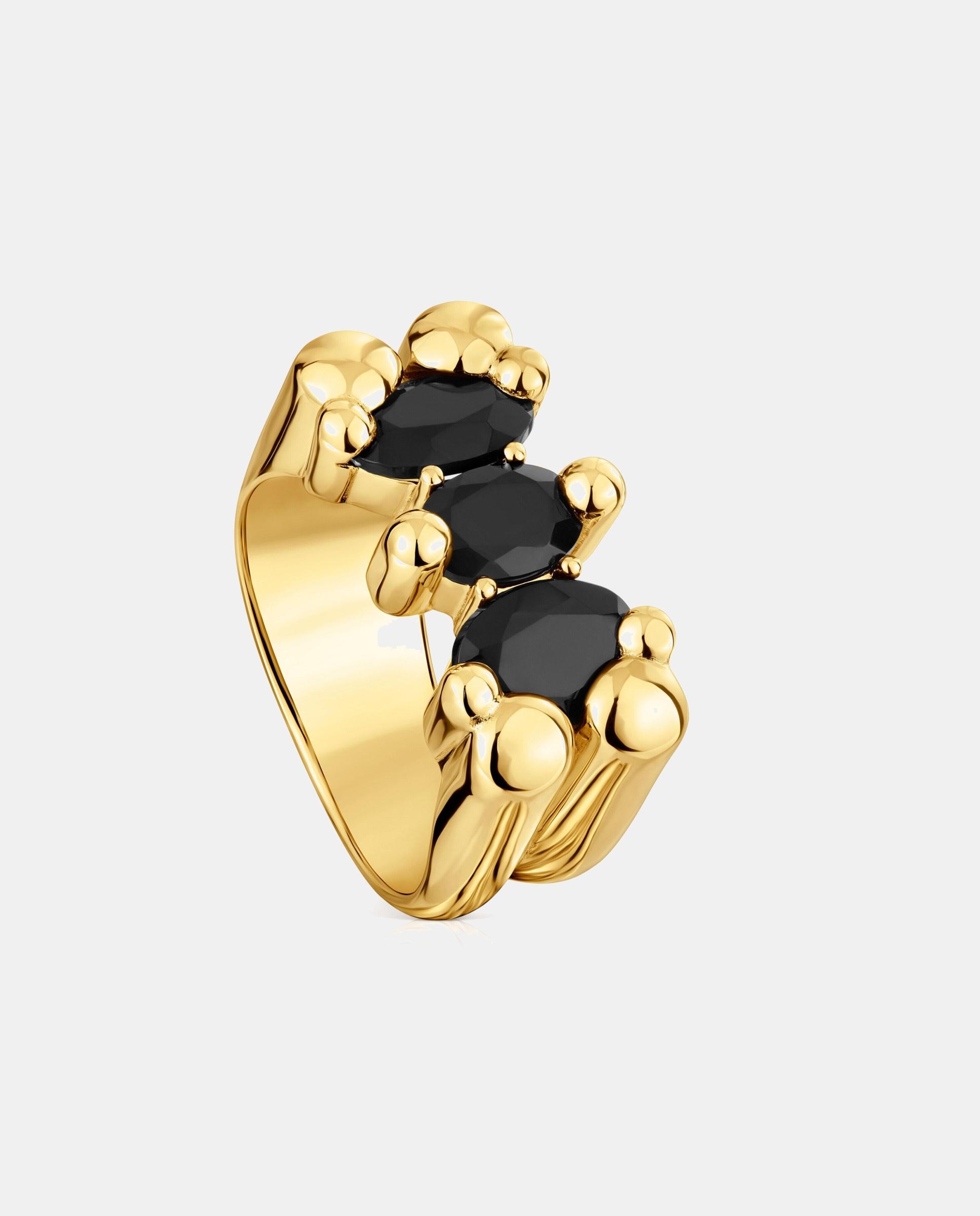 Anel Color Bear Médio com Urso Banhado a Ouro 18 Kt Sobre Prata e Ônix Preto-1