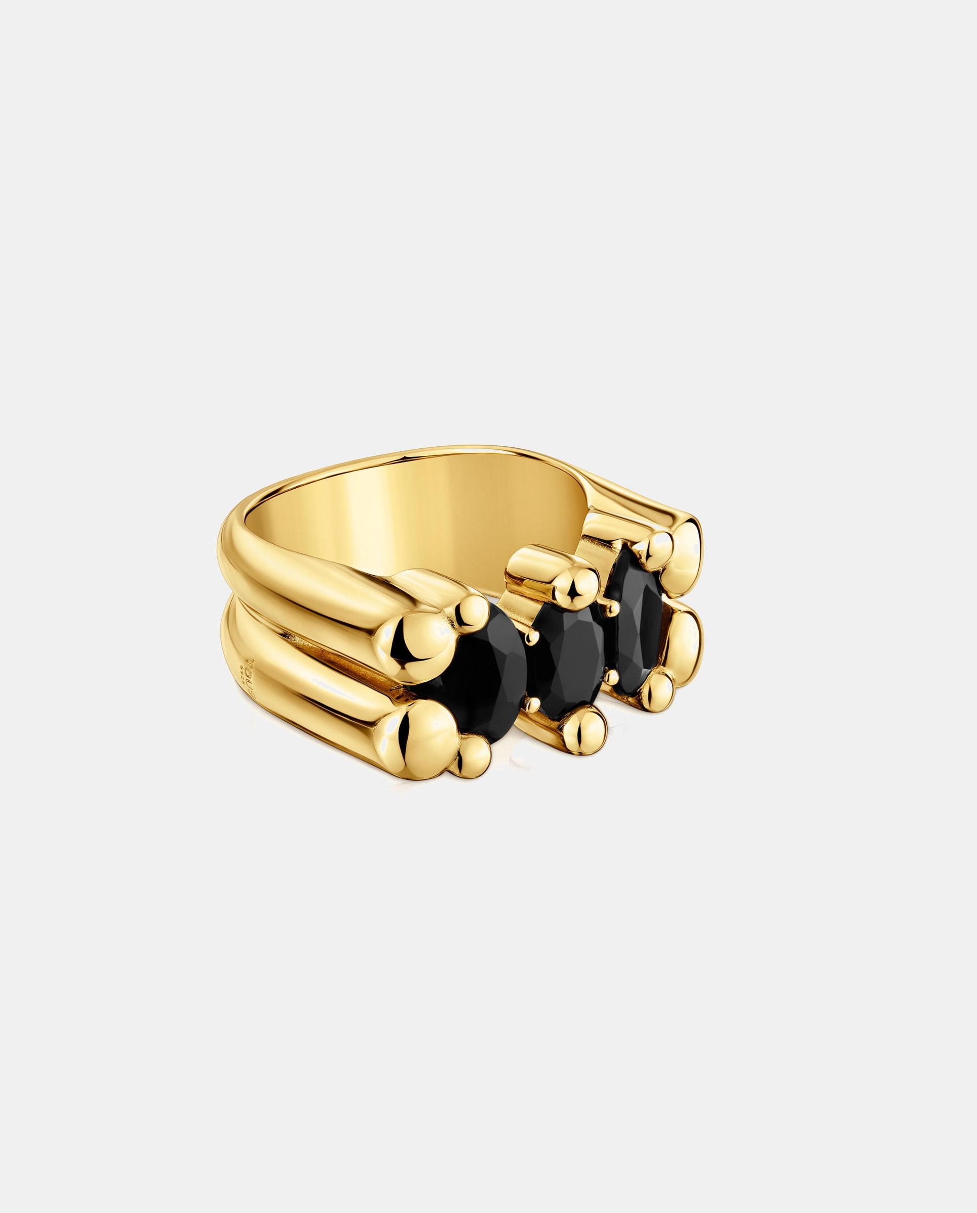 Anel Color Bear Médio com Urso Banhado a Ouro 18 Kt Sobre Prata e Ônix Preto-2
