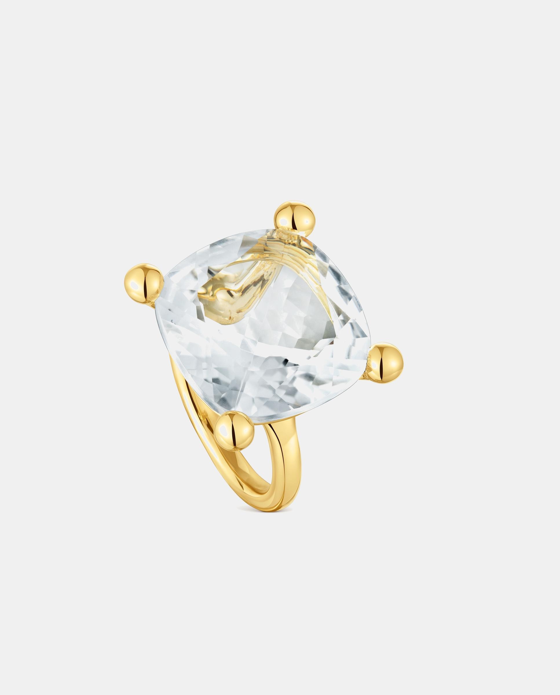 Anel em Cor White Grande Banhado a Ouro 18 Kt Sobre Prata com Quartzo Branco-1