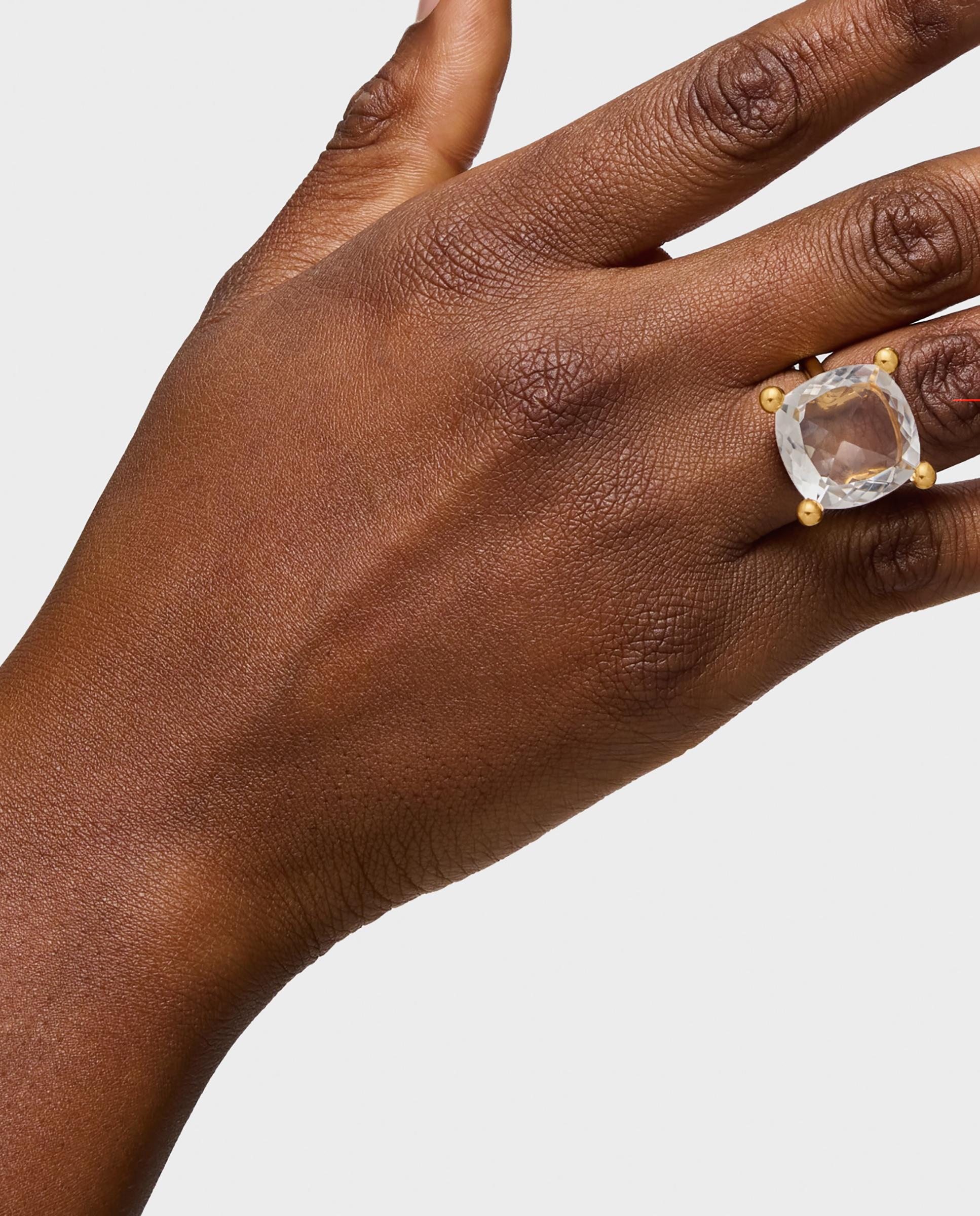 Anel em Cor White Grande Banhado a Ouro 18 Kt Sobre Prata com Quartzo Branco-3