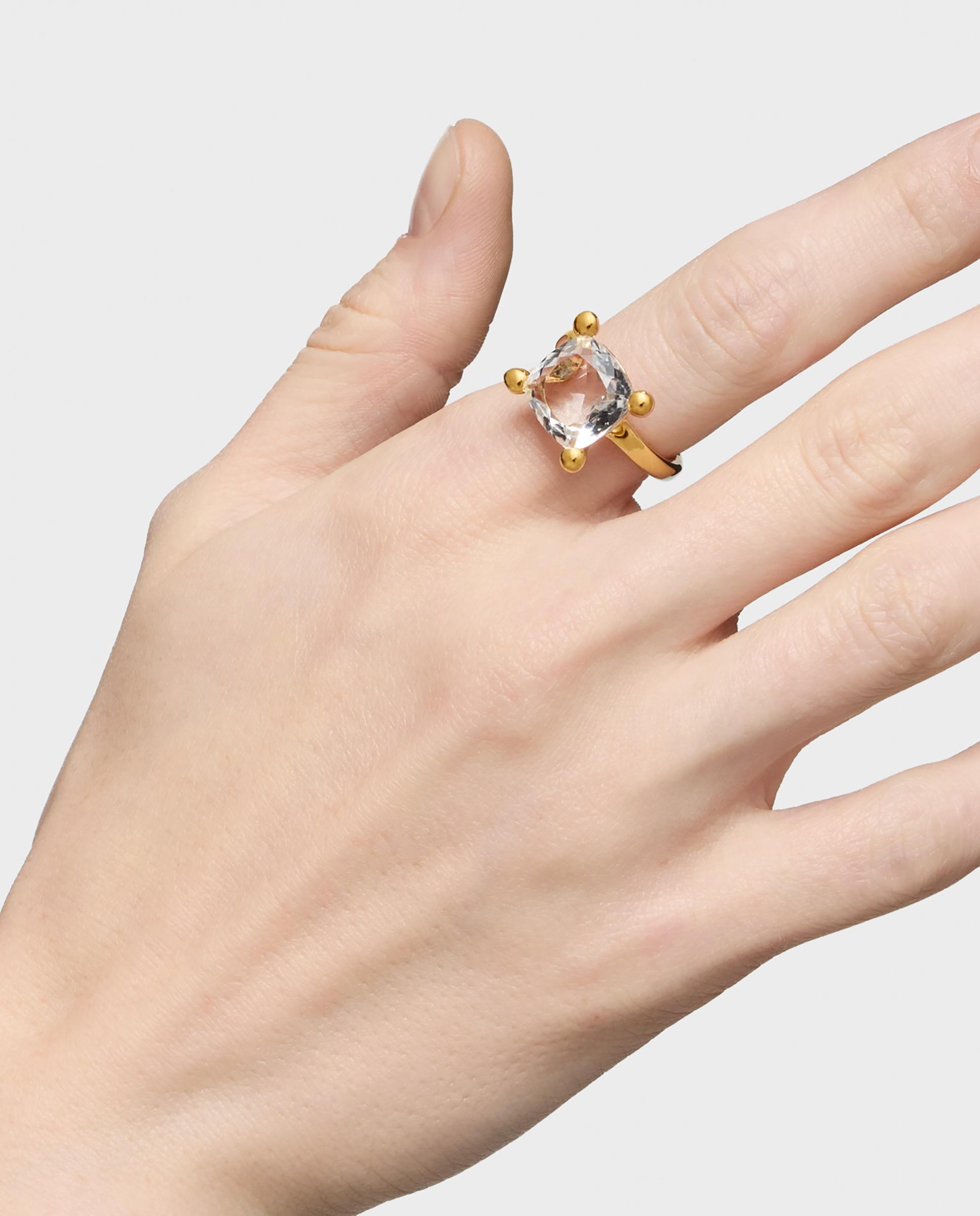 Anel em Cor White Médio Banhado a Ouro 18 Kt Sobre Prata com Quartzo Branco-3