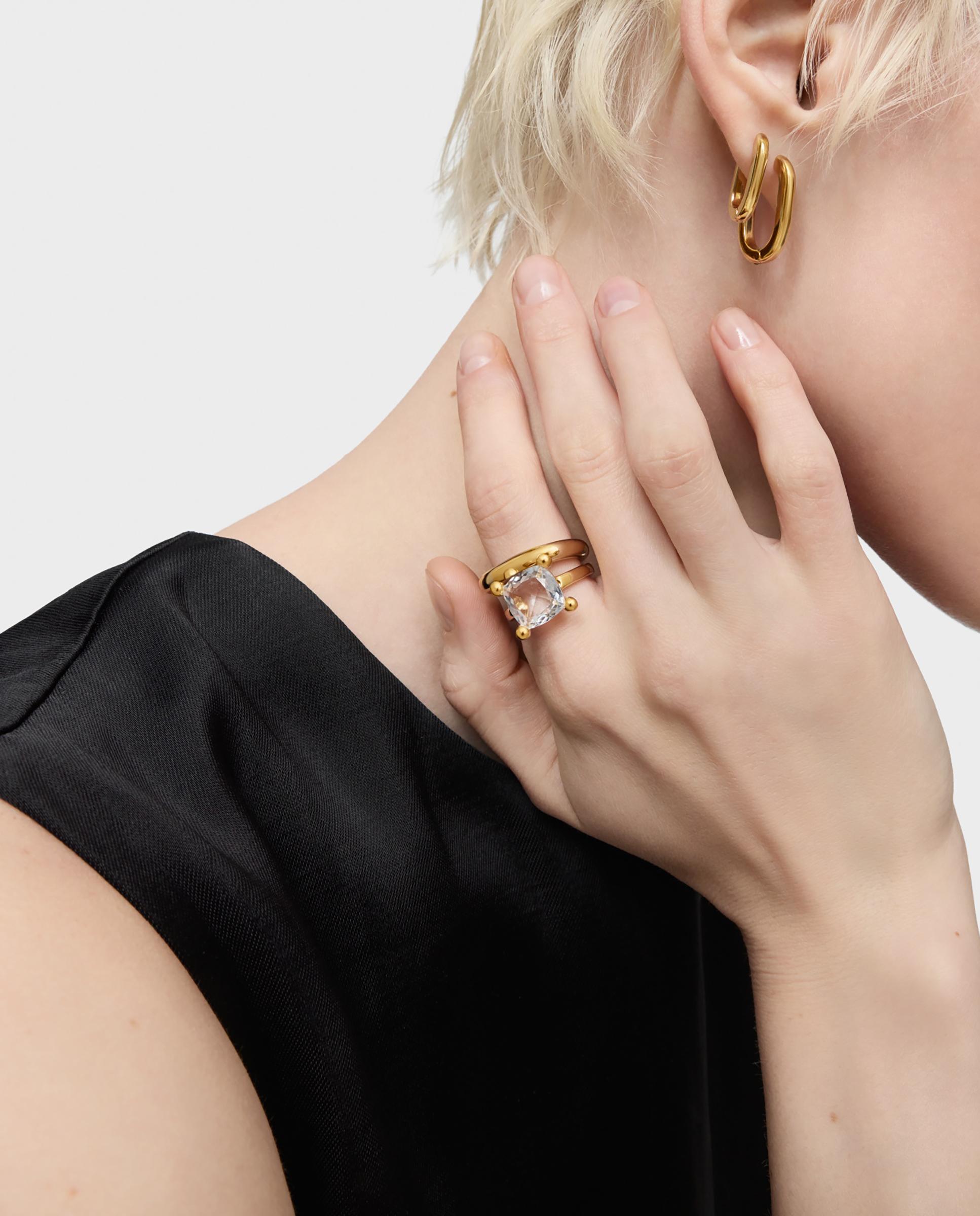Anel em Cor White Médio Banhado a Ouro 18 Kt Sobre Prata com Quartzo Branco-4