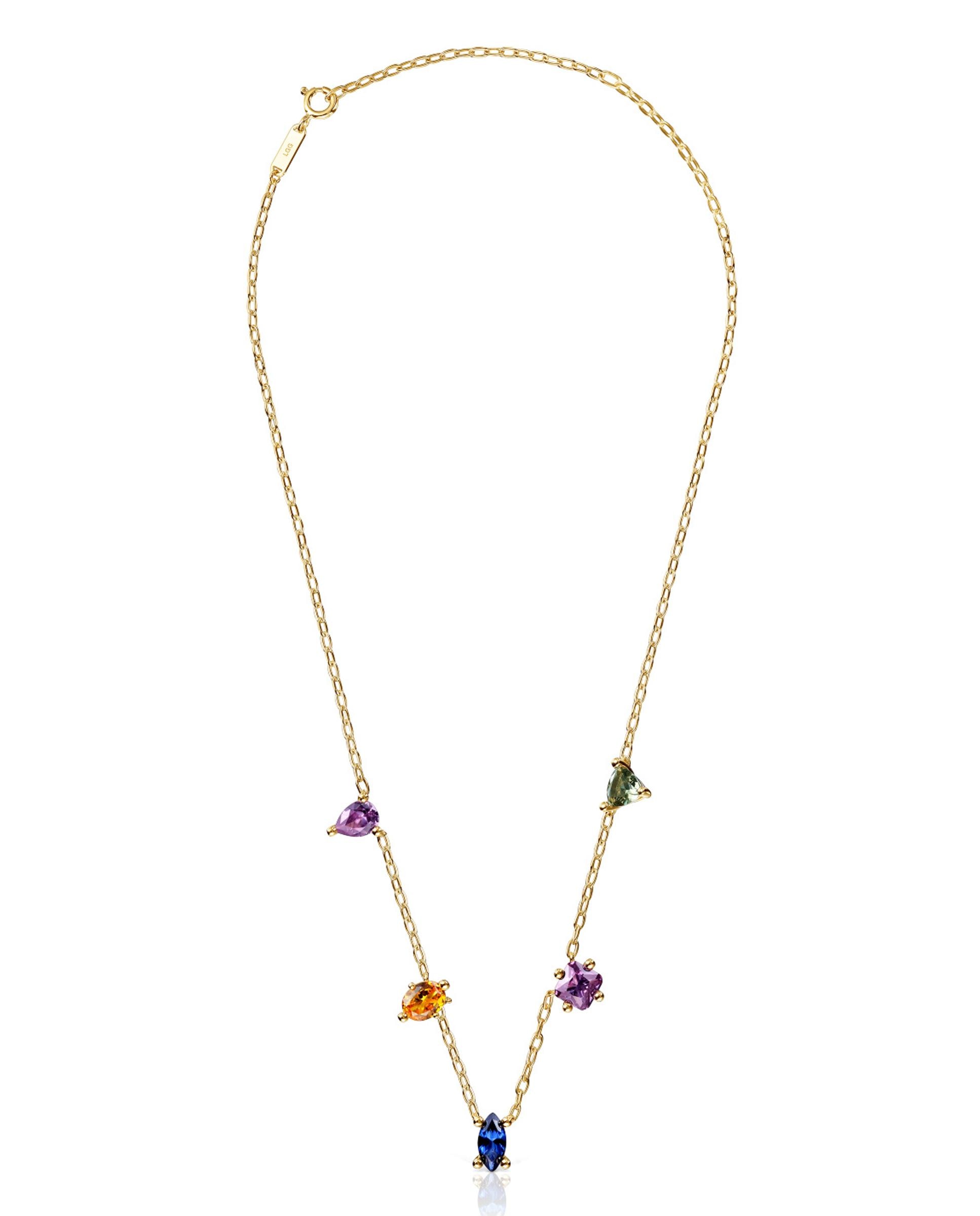 Colar em Cor Lab Curto Banhado a Ouro 18 Kt Sobre Prata com Gemas Criadas em Laboratório Multicolor-1