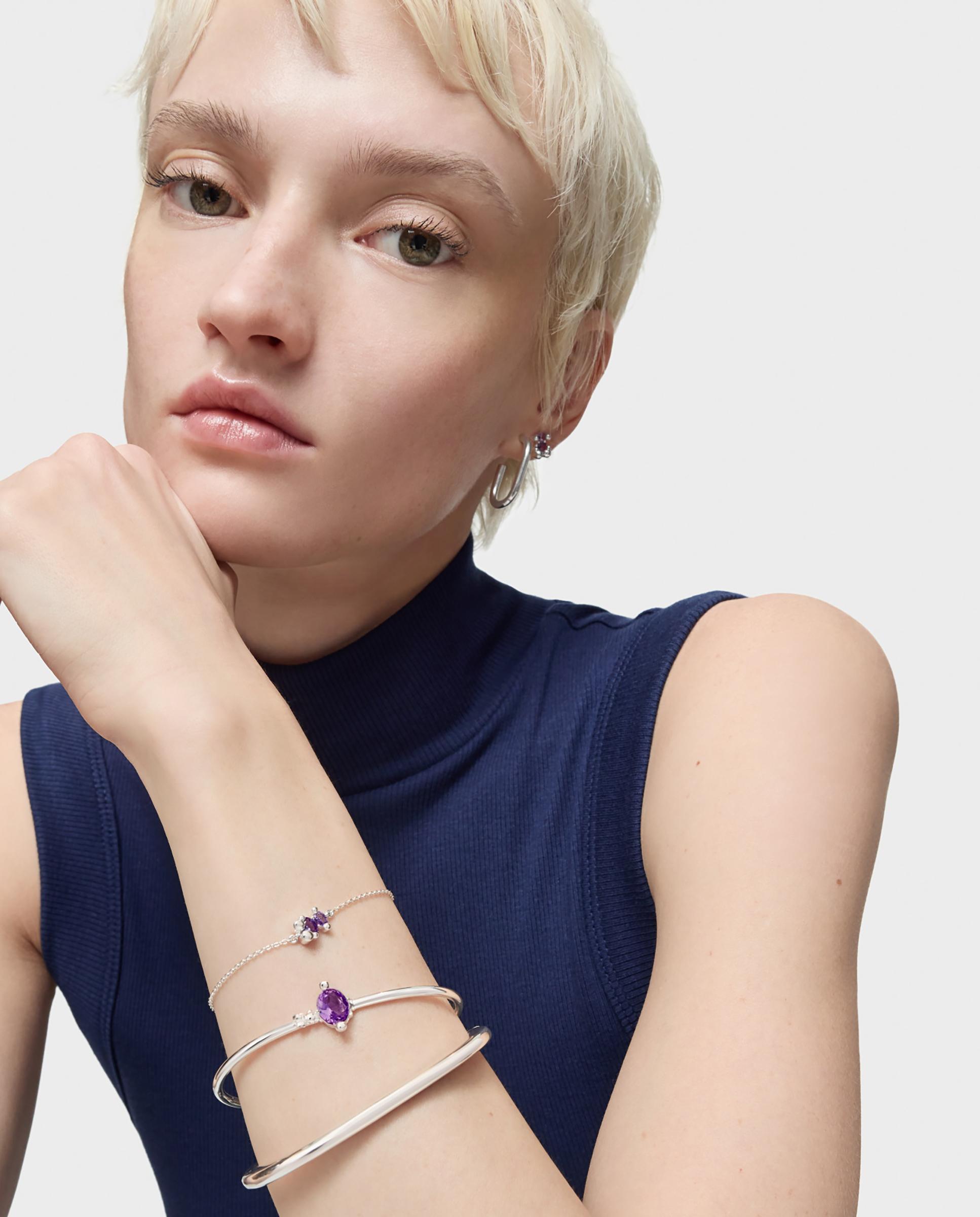Pulseira de Corrente em Bear Lgg com Urso de Prata e Safira Criada em Laboratório Roxo-5
