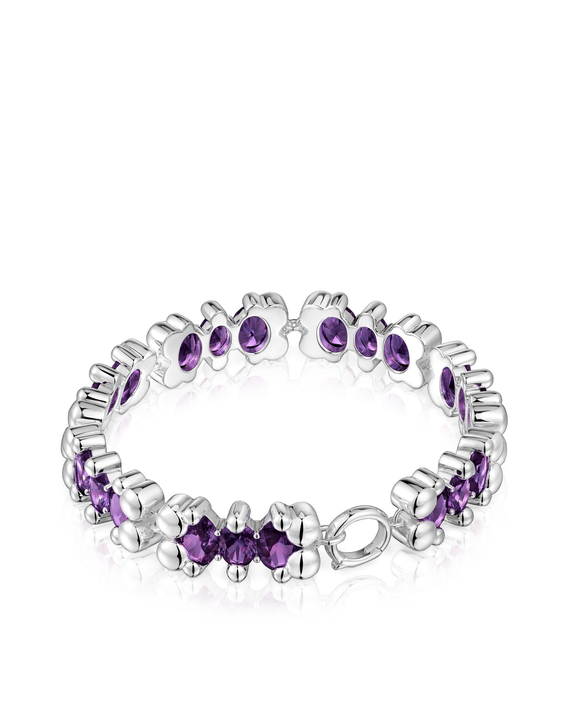 Pulseira de Corrente em Bear Lgg com Urso de Prata e Safiras Criadas em Laboratório Roxo-2