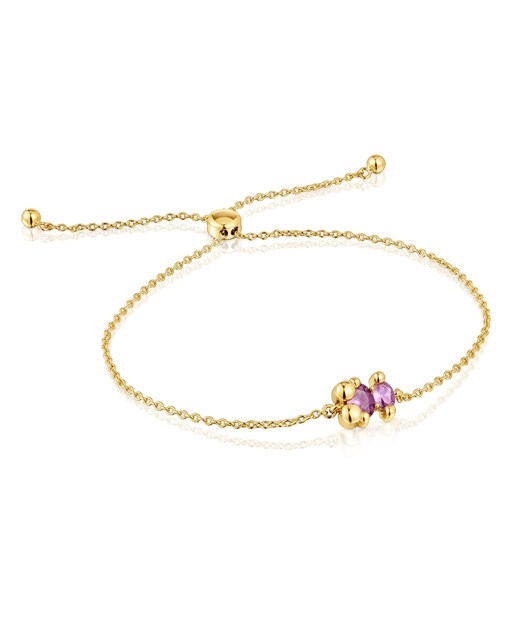 Imagem 0 de Pulseira Corrente Motivo Urso com Banho de Ouro 18K Sobre Prata e Safira Lilás Criada em Laboratório 8mm em Bear LGG