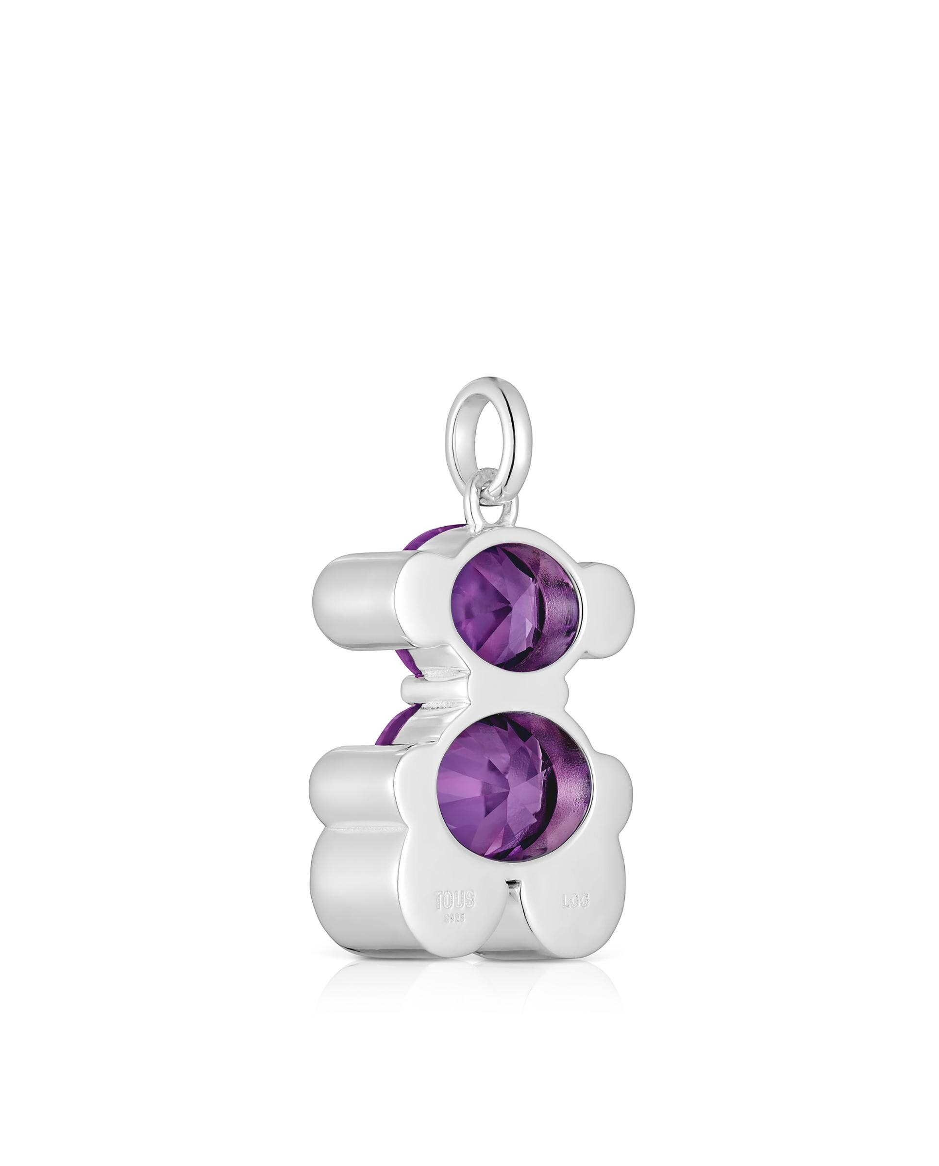 Pendentes Color Bear Lgg Médio com Urso de Prata e Safira Criada em Laboratório Roxo-3