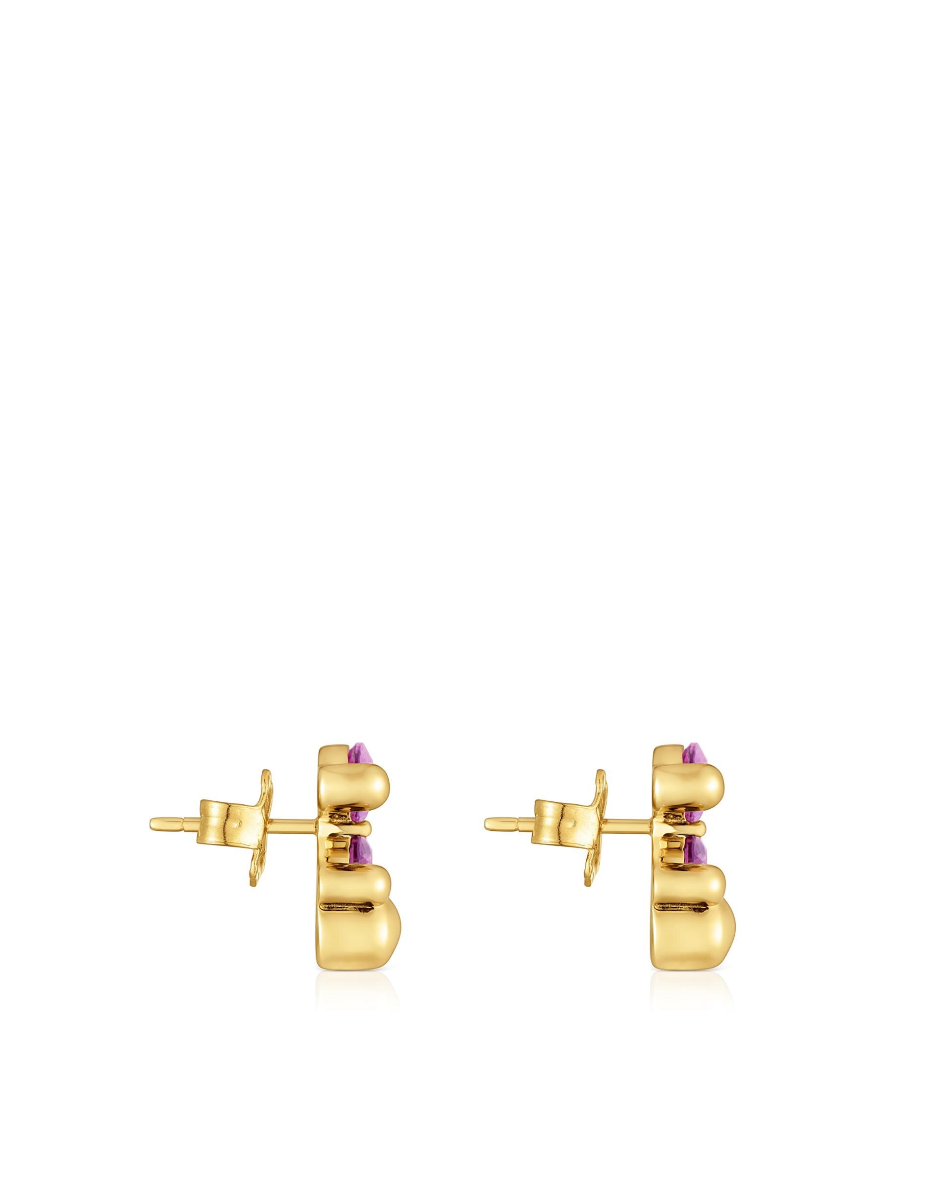 Brincos Color Bear Lgg com Urso Banhados em Ouro 18 Kt Sobre Prata e Safira Criada em Laboratório 13 Mm Roxo-2