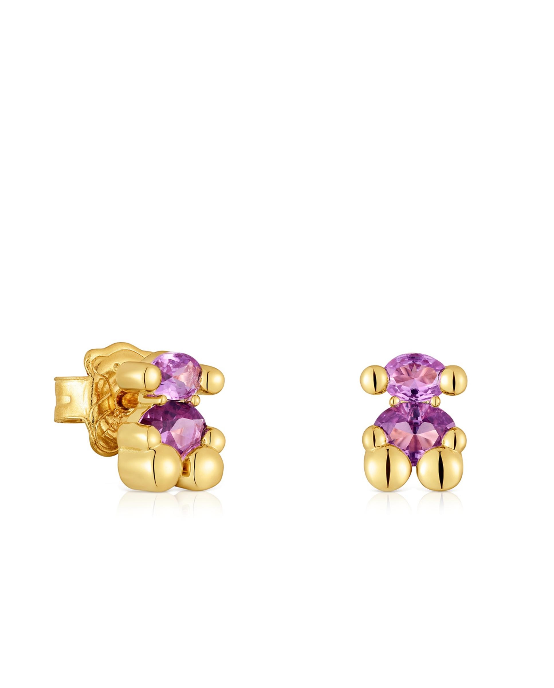 Imagem 0 de Brincos Color Bear Lgg com Urso Banhado em Ouro 18 Kt Sobre Prata e Safira Criada em Laboratório 8 Mm