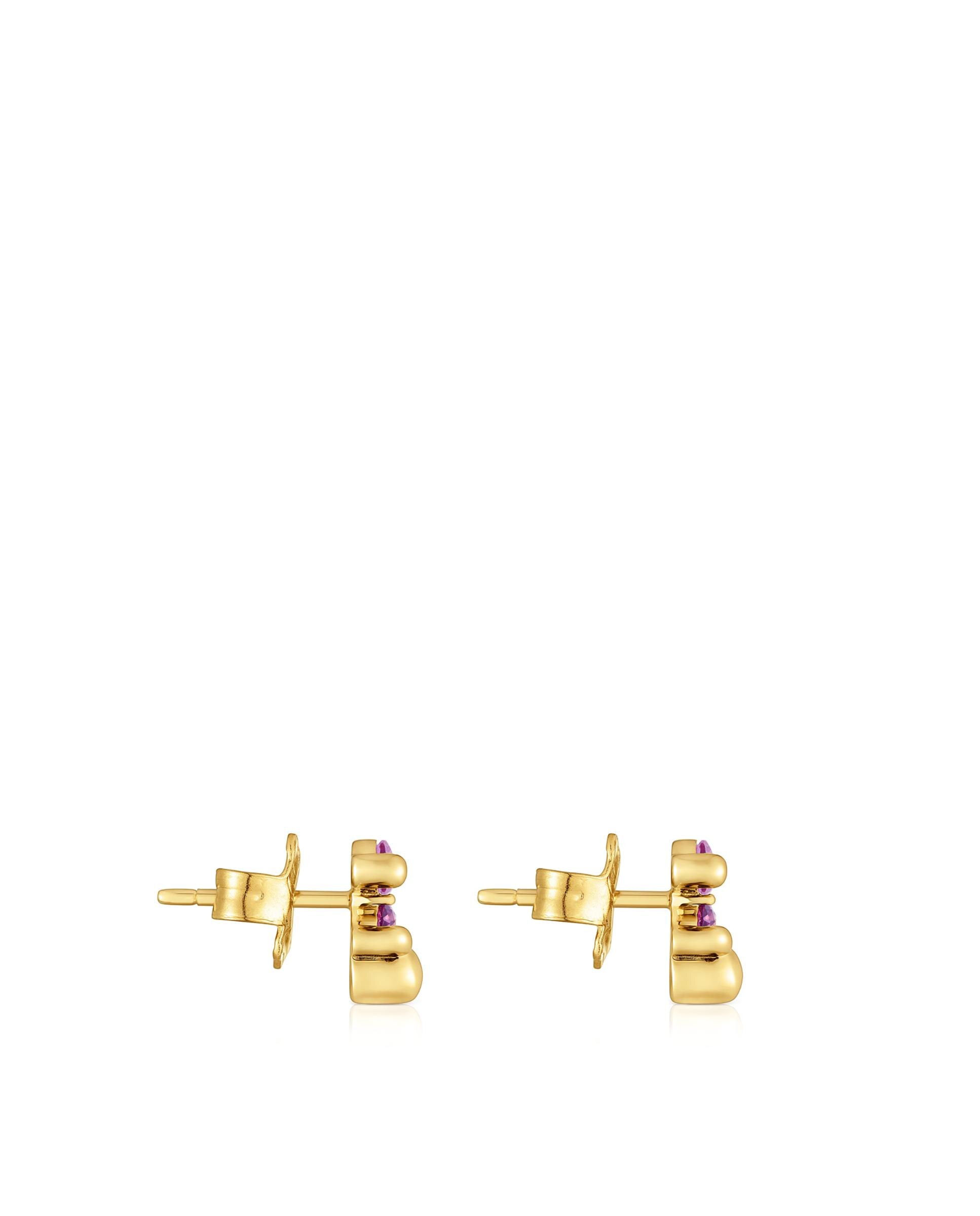 Brincos Color Bear Lgg com Urso Banhado em Ouro 18 Kt Sobre Prata e Safira Criada em Laboratório 8 Mm Roxo-2
