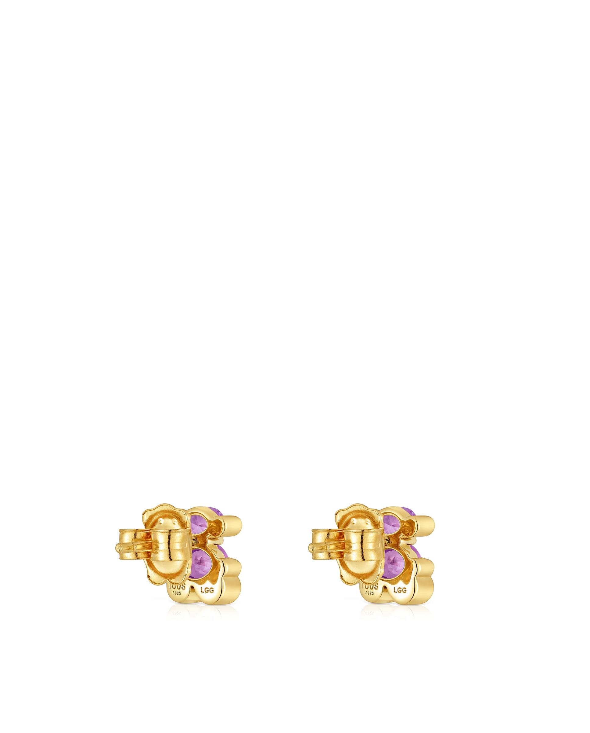 Brincos Color Bear Lgg com Urso Banhado em Ouro 18 Kt Sobre Prata e Safira Criada em Laboratório 8 Mm Roxo-3