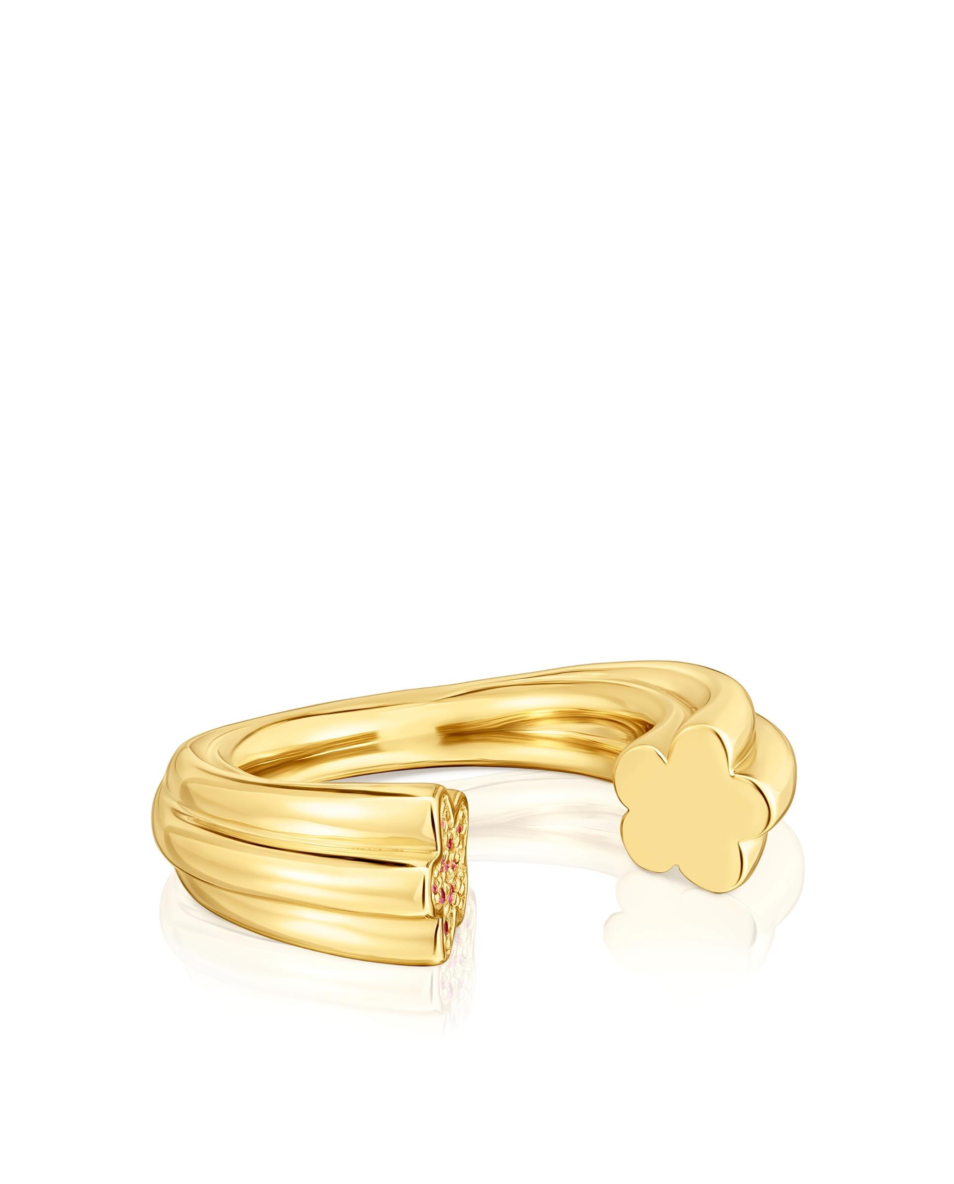 Anel TOUS 1950 Aberto Banhado em Ouro 18 kt sobre Prata com Flor e Rodolitas Vermelho-1